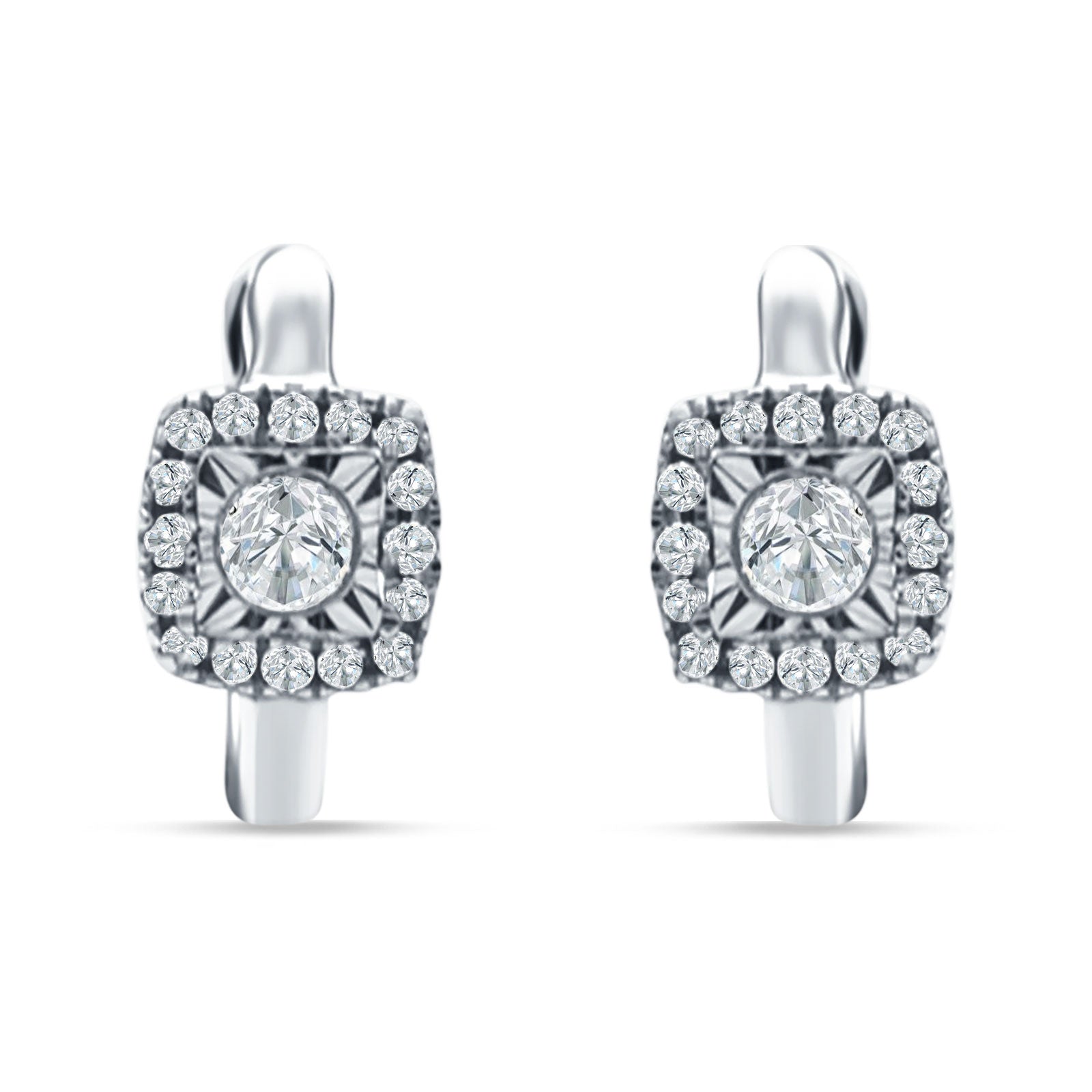 Cushion Shape Round Halo Hoop Earring Cubic Zirconia 925 Sterling Silver