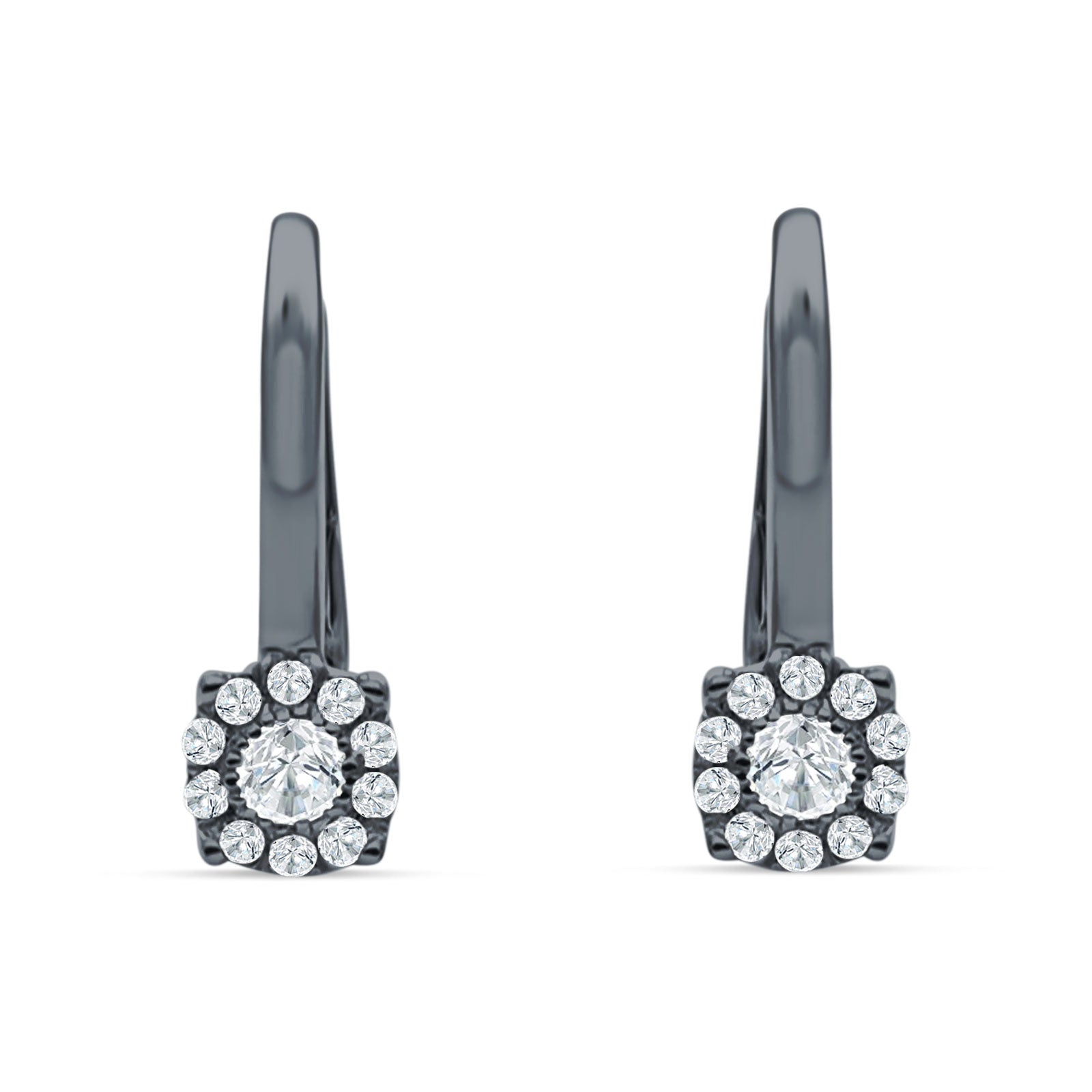 Cushion Round Halo Leverback Hoop Earring Cubic Zirconia 925 Sterling Silver