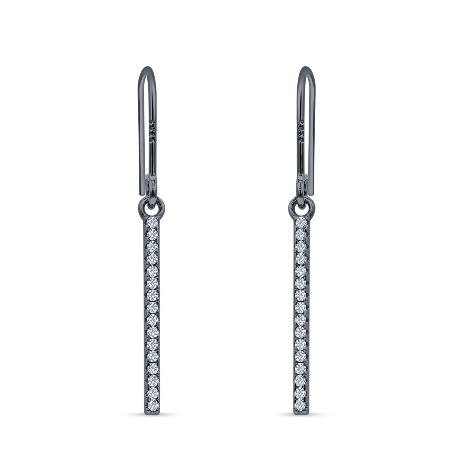 Round Cubic Zirconia 29mm Vertical Drop Bar Fishhook Earring 925 Sterling Silver
