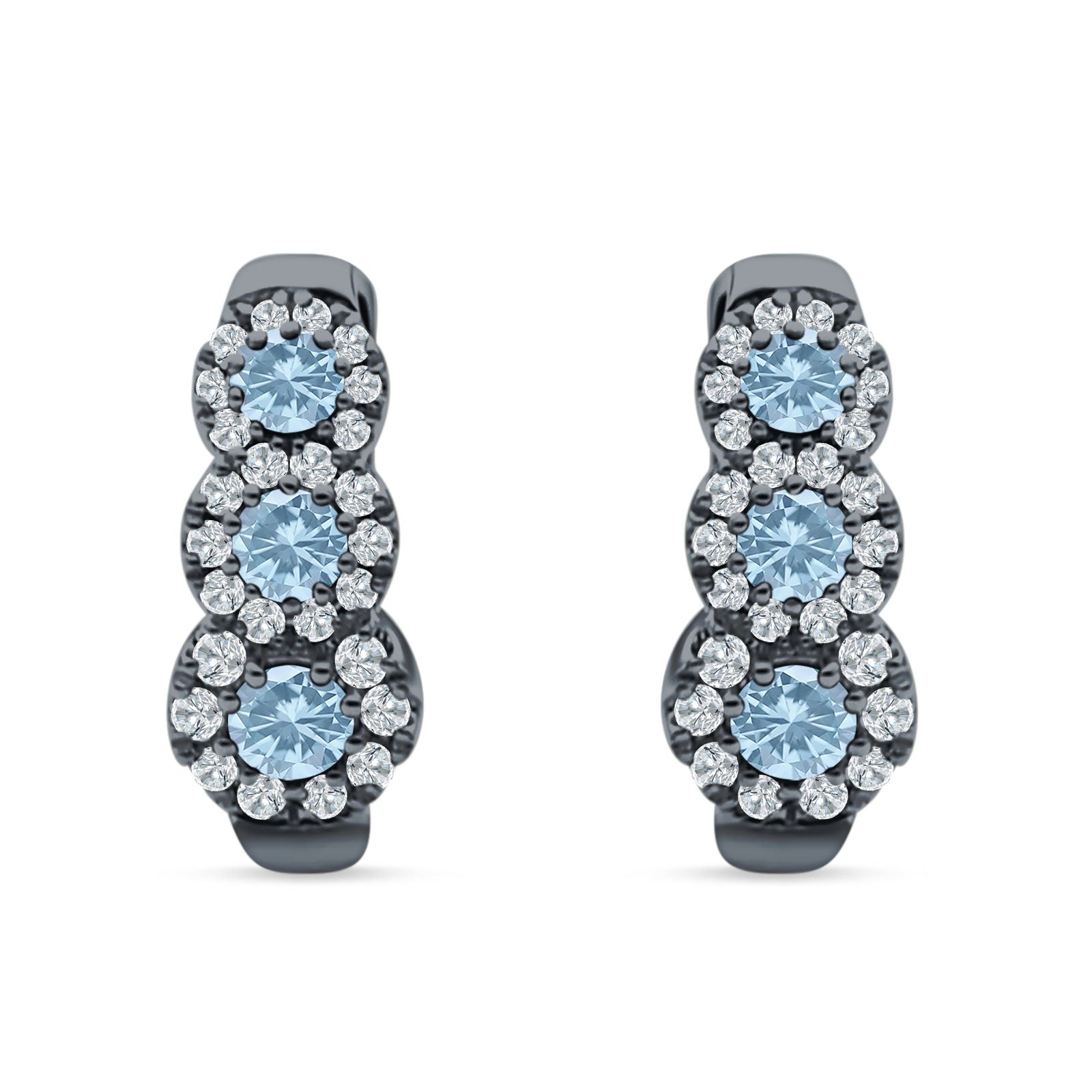 Three Round Halo Floral Hoop Earring Cubic Zirconia 925 Sterling Silver