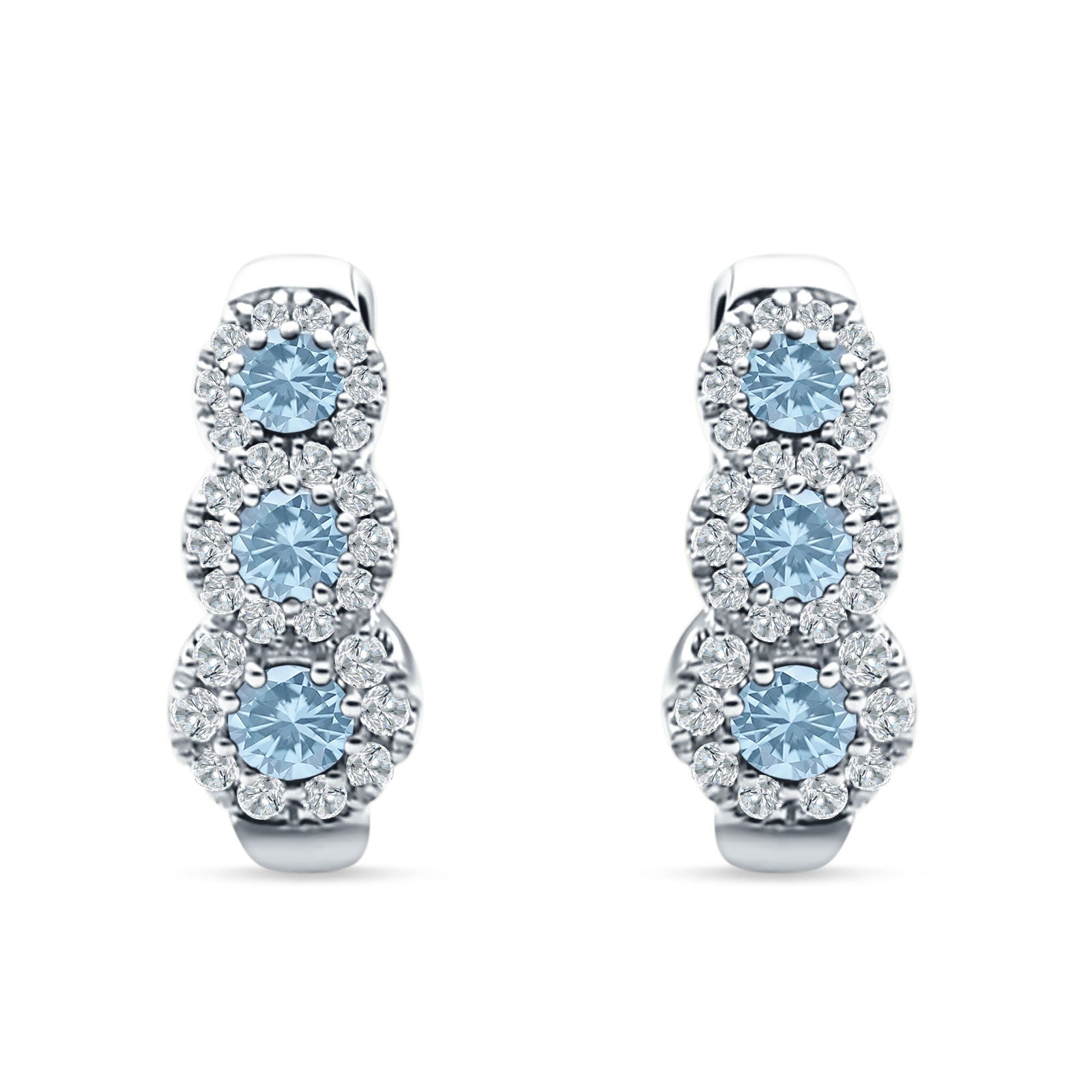 Three Round Halo Floral Hoop Earring Cubic Zirconia 925 Sterling Silver