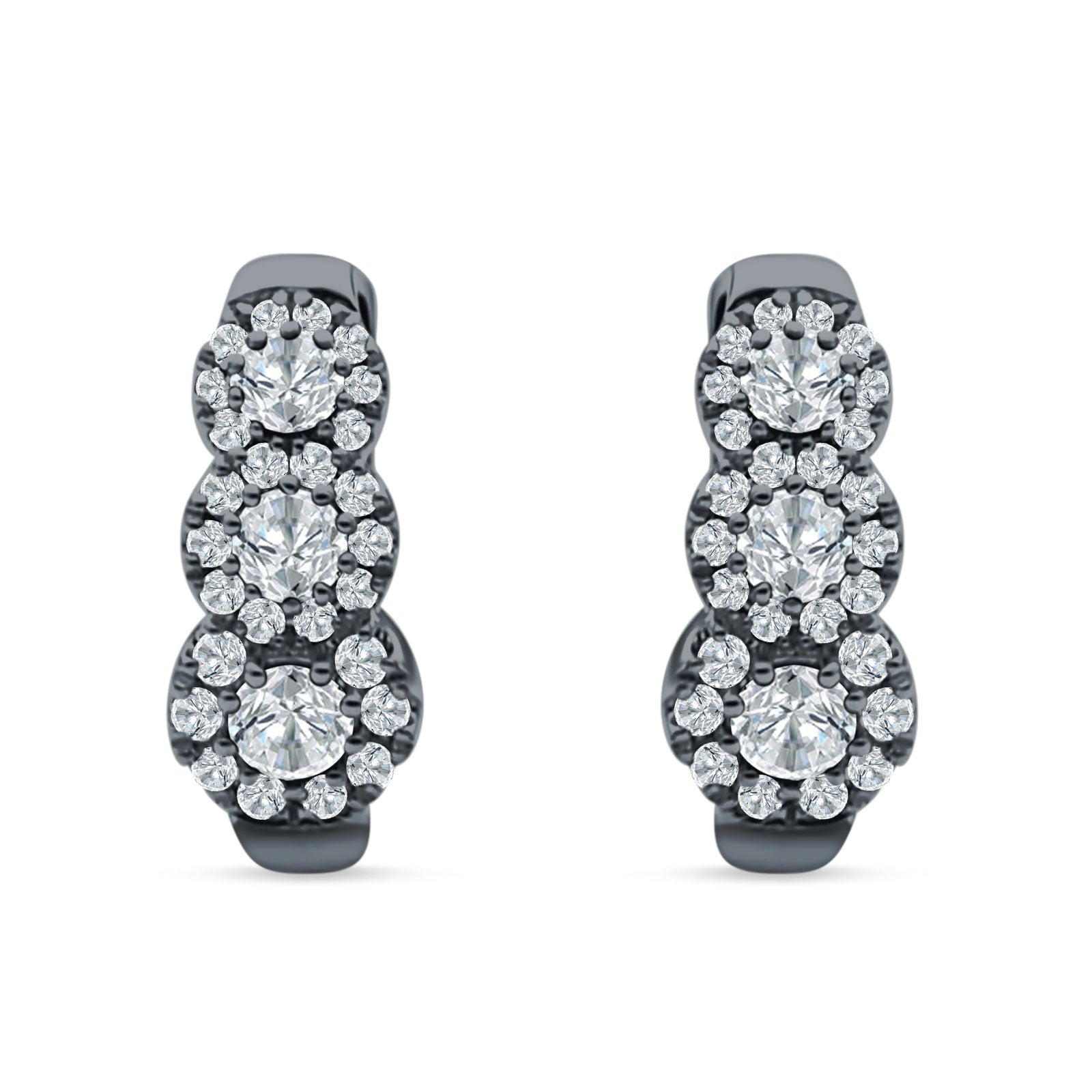 Three Round Halo Floral Hoop Earring Cubic Zirconia 925 Sterling Silver