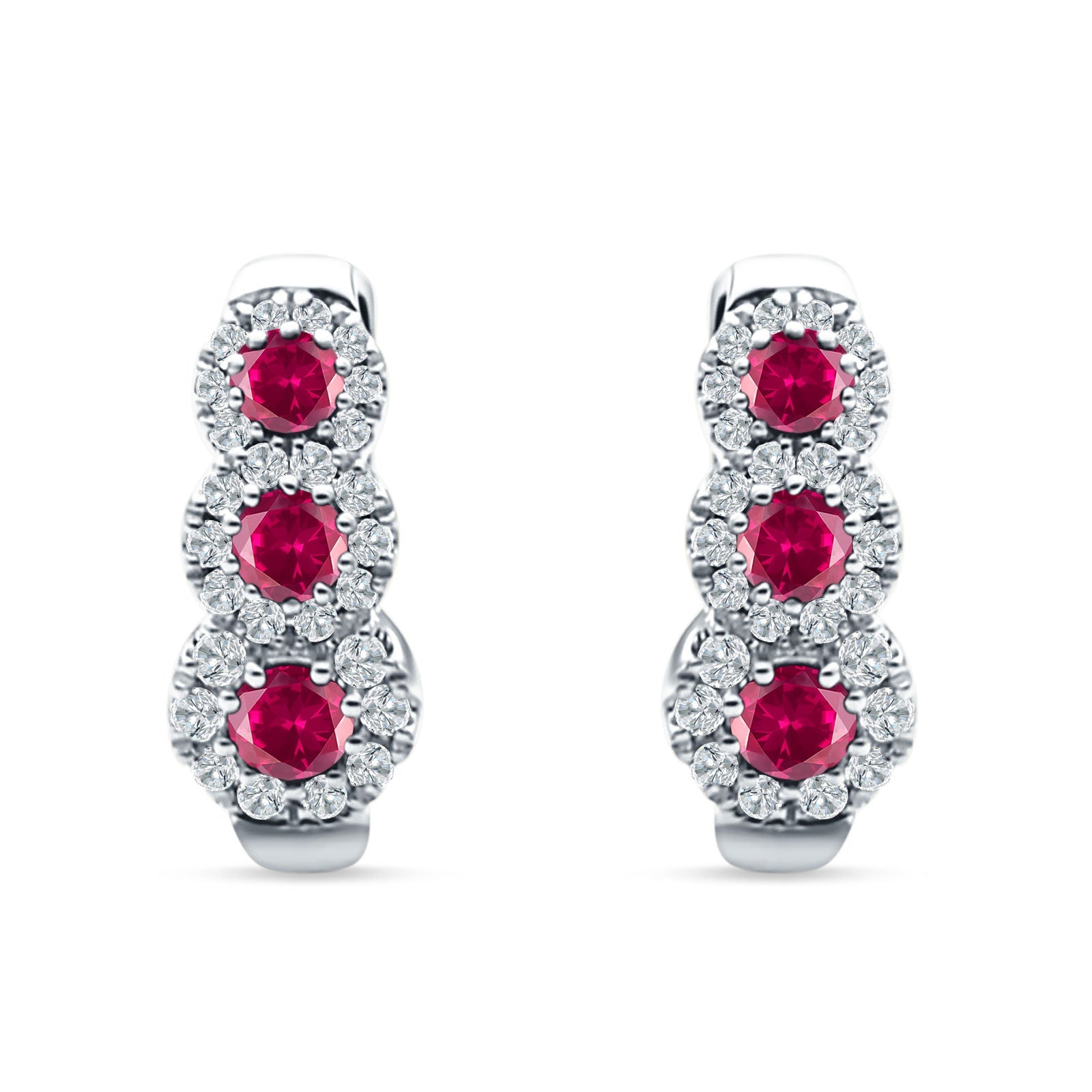 Three Round Halo Floral Hoop Earring Cubic Zirconia 925 Sterling Silver