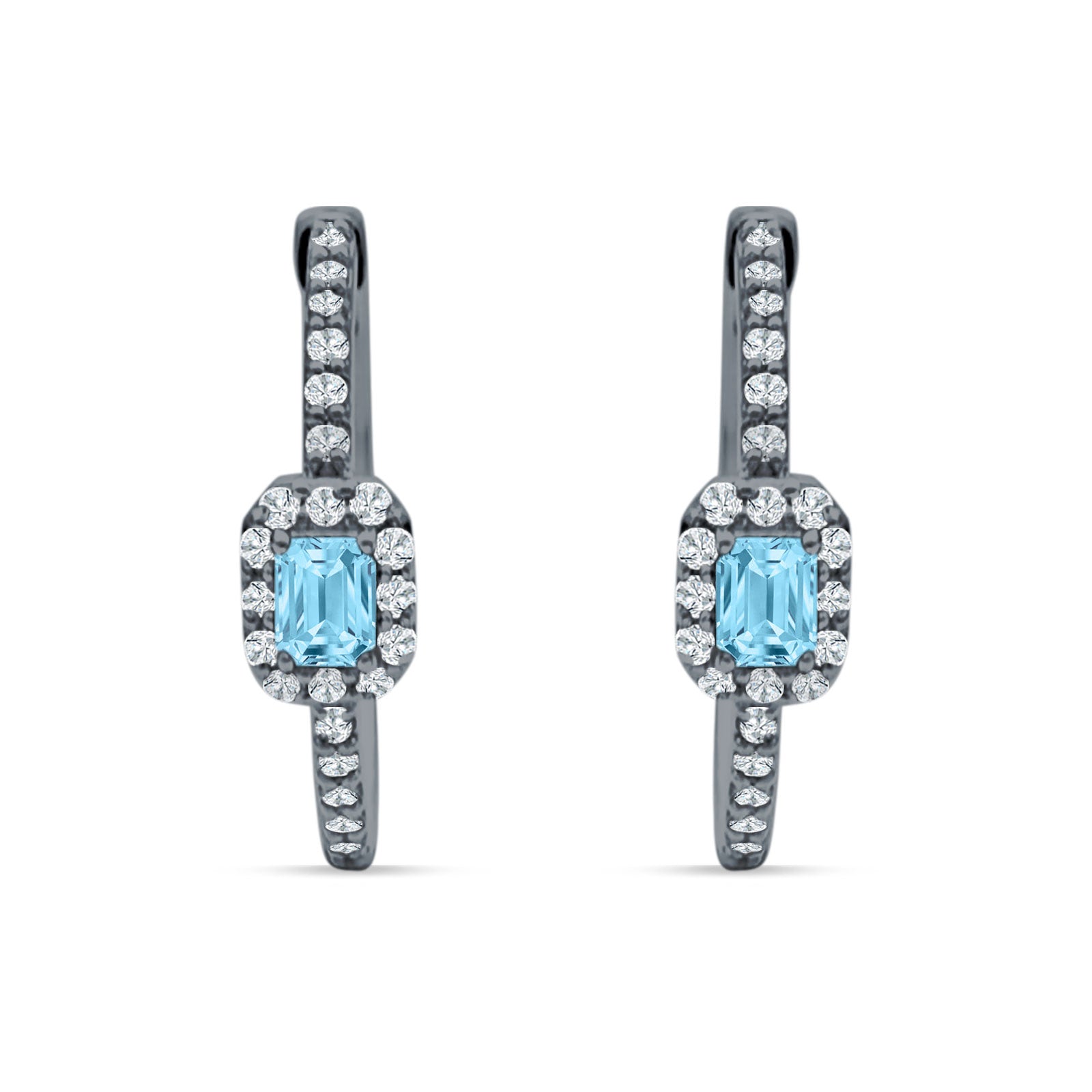 Emerald Cut Halo Hoop Earring Cubic Zirconia 925 Sterling Silver