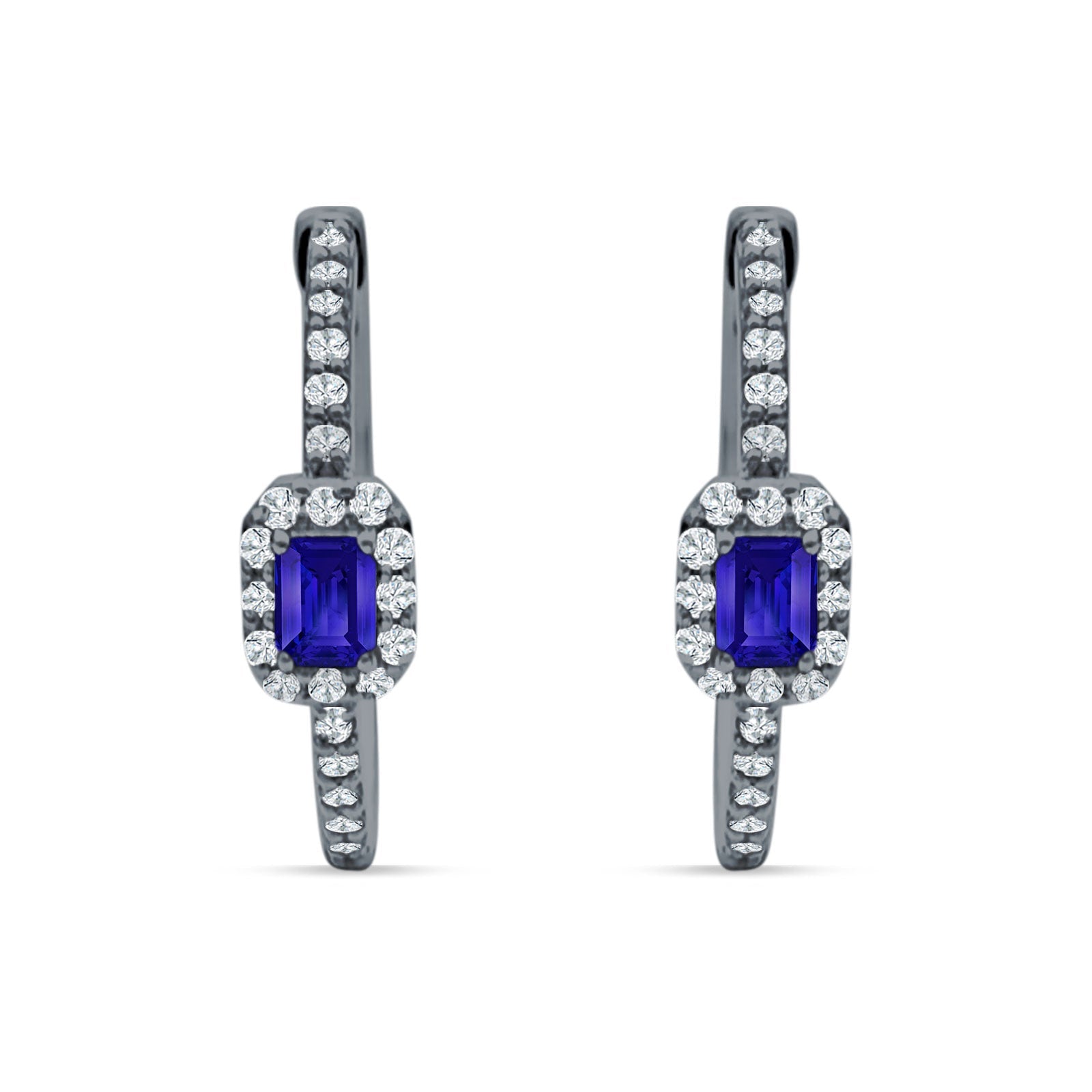 Emerald Cut Halo Hoop Earring Cubic Zirconia 925 Sterling Silver