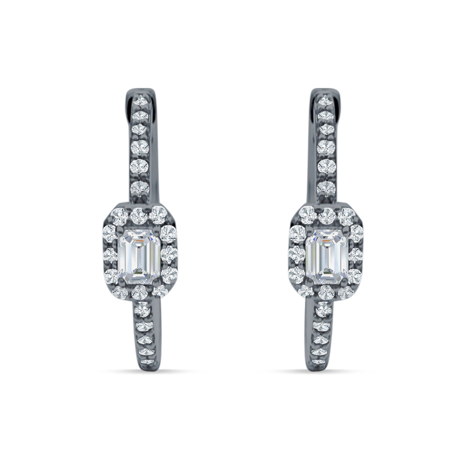 Emerald Cut Halo Hoop Earring Cubic Zirconia 925 Sterling Silver