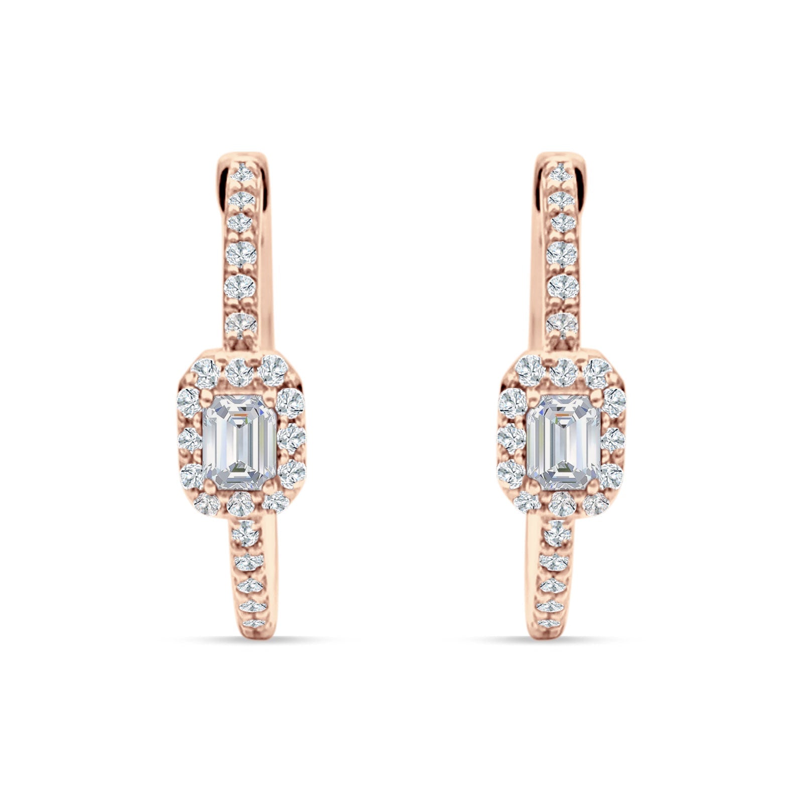 Emerald Cut Halo Hoop Earring Cubic Zirconia 925 Sterling Silver