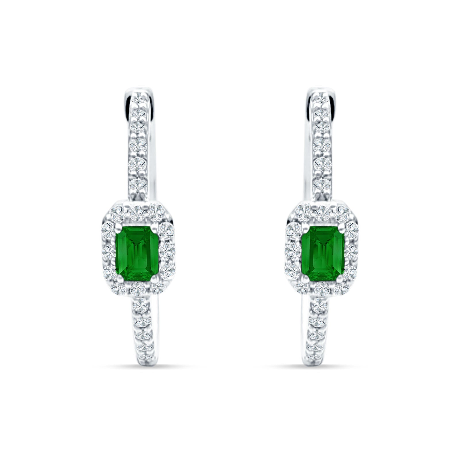 Emerald Cut Halo Hoop Earring Cubic Zirconia 925 Sterling Silver