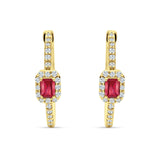 Emerald Cut Halo Hoop Earring Cubic Zirconia 925 Sterling Silver