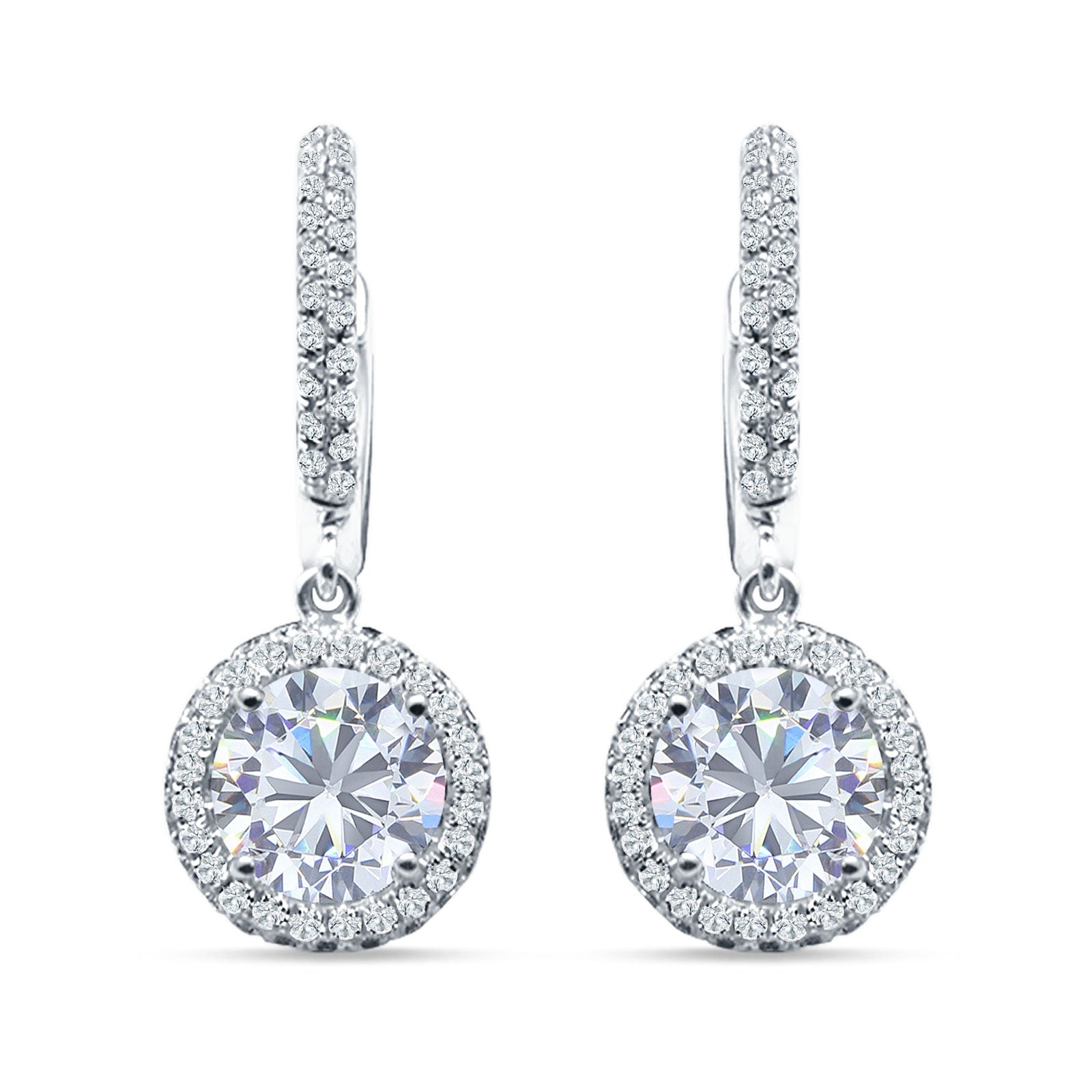 Round Halo Drop Dangle Hoop Earring Cubic Zirconia 925 Sterling Silver