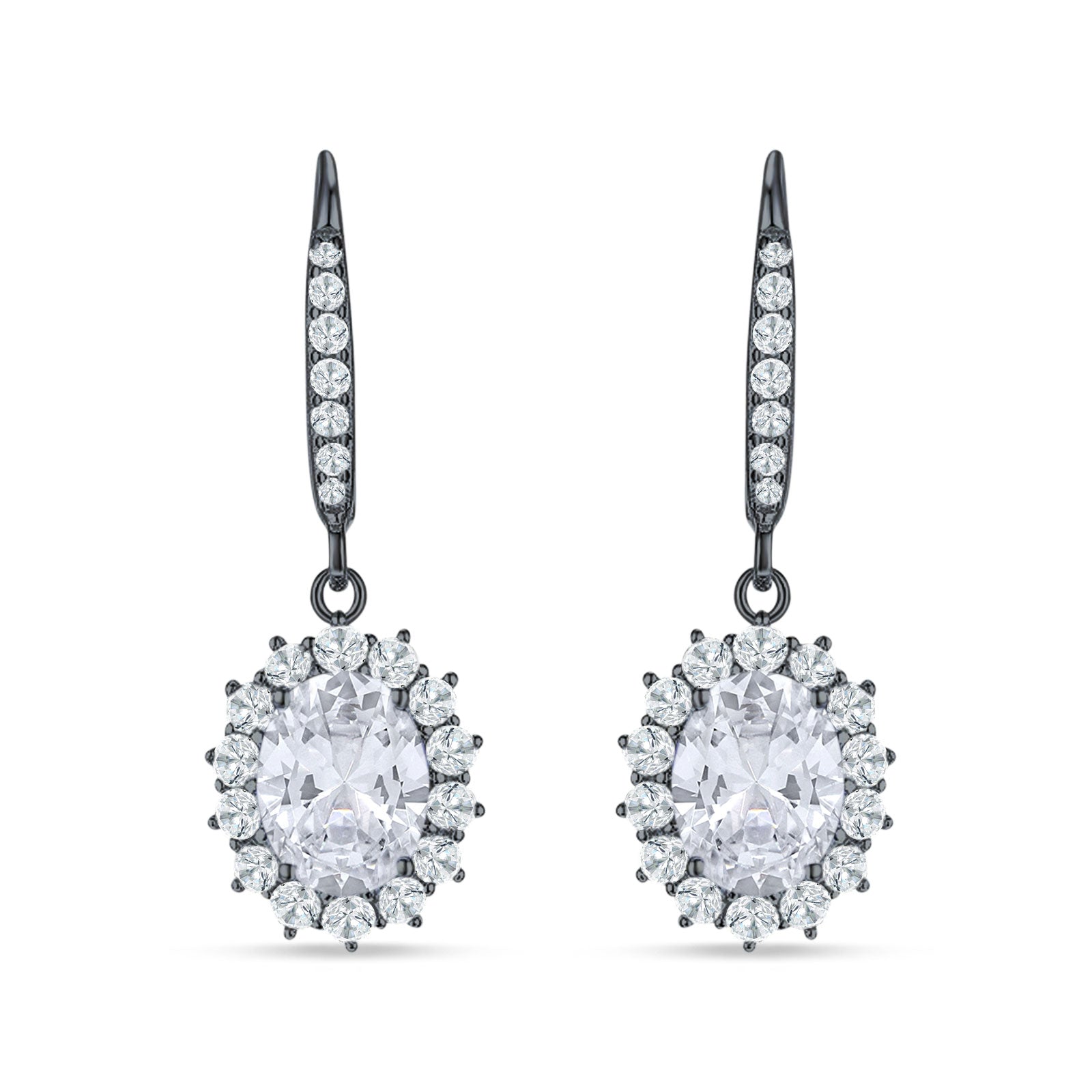 Oval Halo Flower Drop Dangle Leverback Earring Cubic Zirconia 925 Sterling Silver