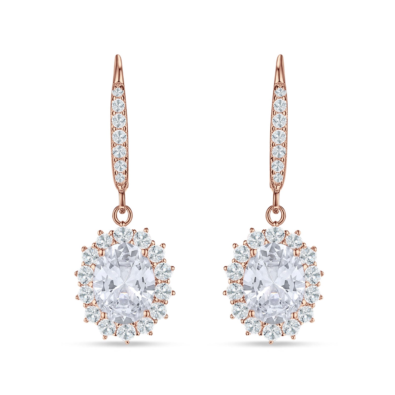 Oval Halo Flower Drop Dangle Leverback Earring Cubic Zirconia 925 Sterling Silver