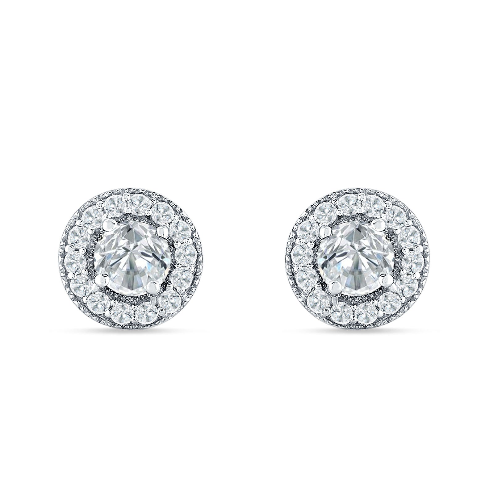 Round Halo Stud Earring Cubic Zirconia 925 Sterling Silver