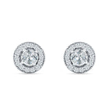Round Halo Stud Earring Cubic Zirconia 925 Sterling Silver