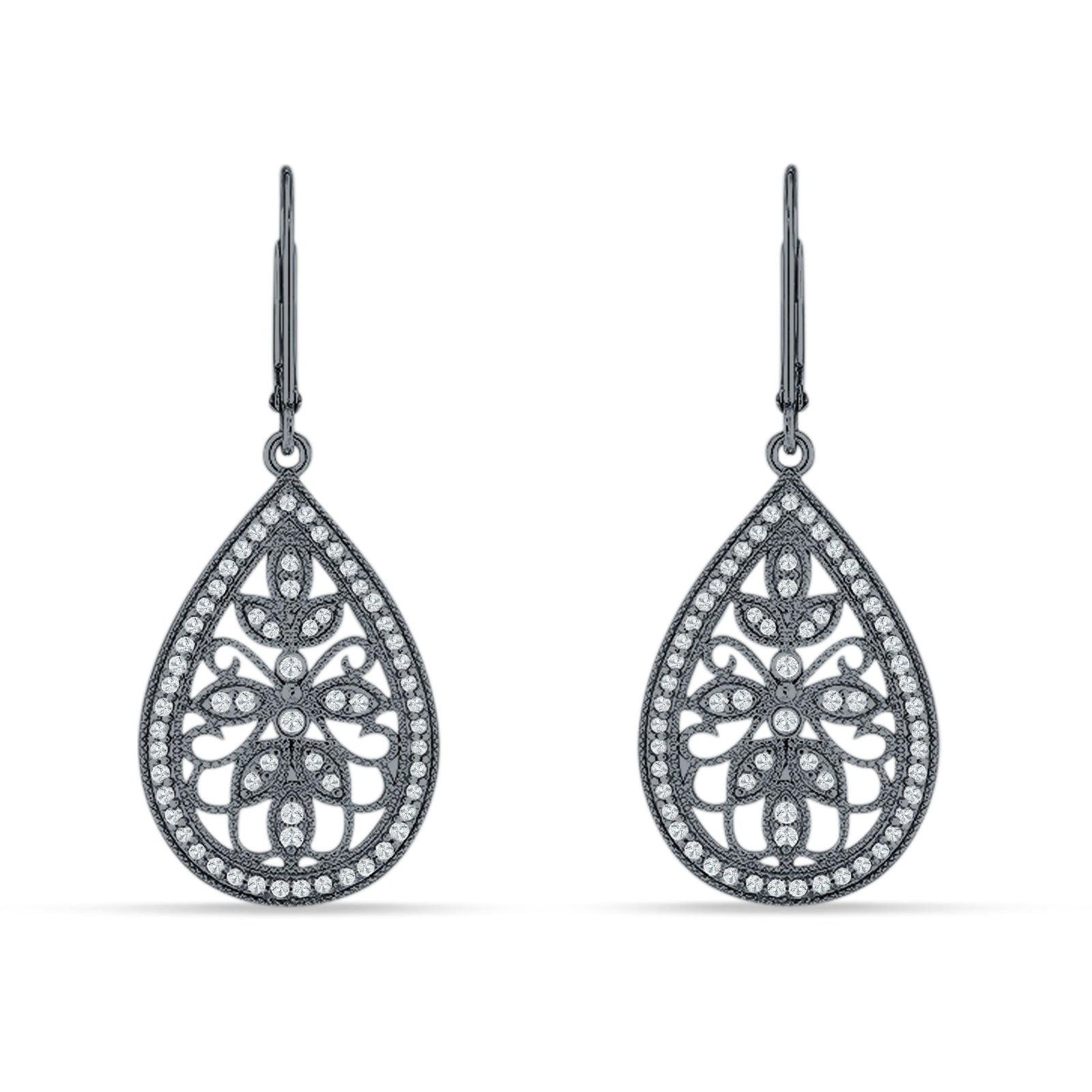 Pear Teardrop Filigree Drop Dangle Leverback Earring Cubic Zirconia 925 Sterling Silver