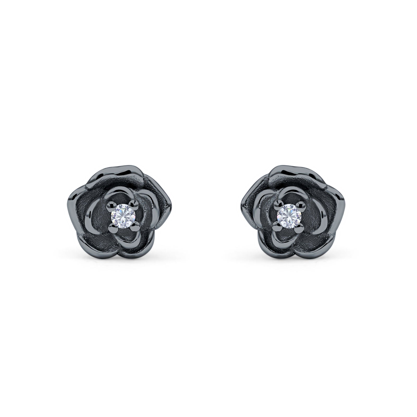 Rose Flower Stud Earrings 8.5mm Cubic Zirconia Solid 925 Sterling Silver