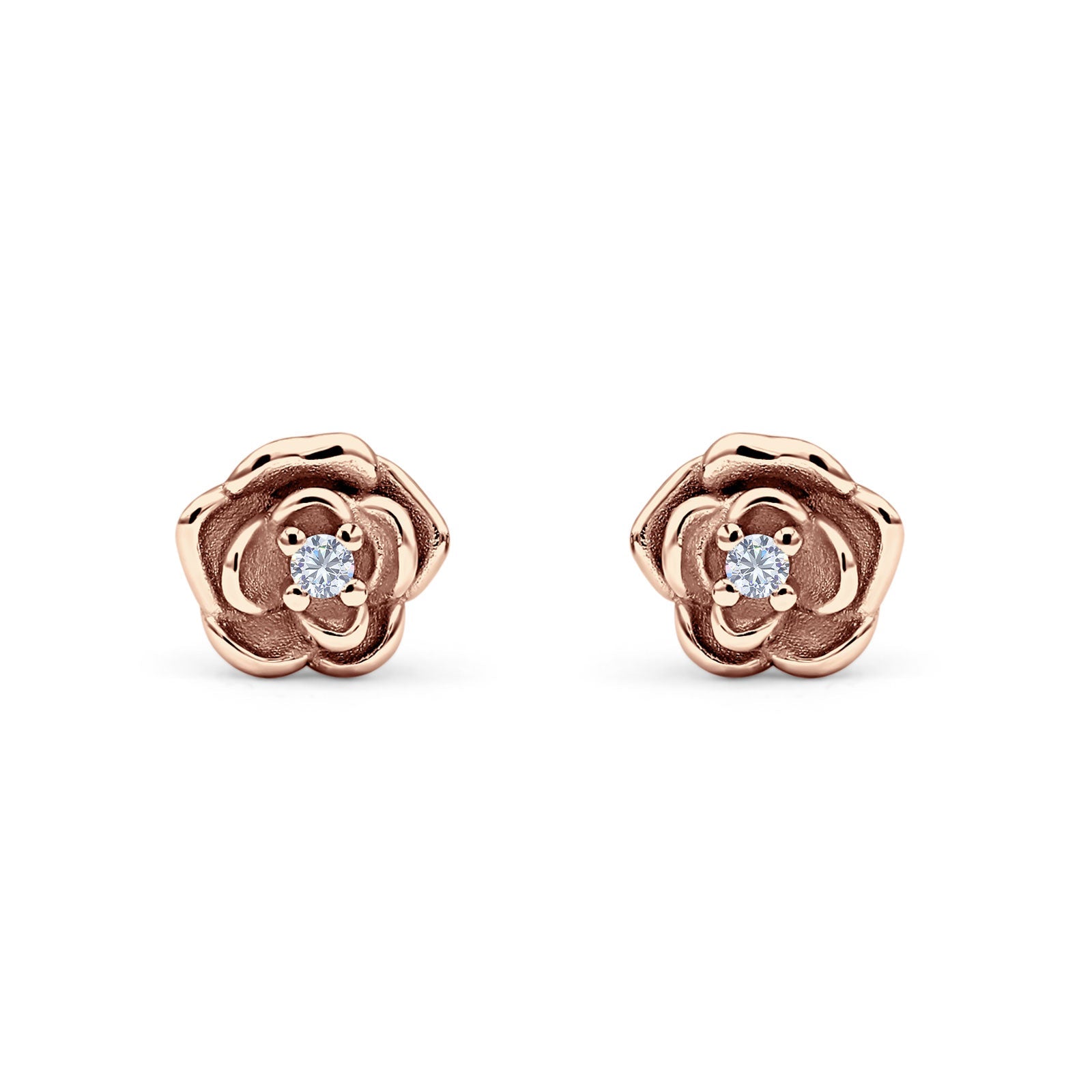 Rose Flower Stud Earrings 8.5mm Cubic Zirconia Solid 925 Sterling Silver