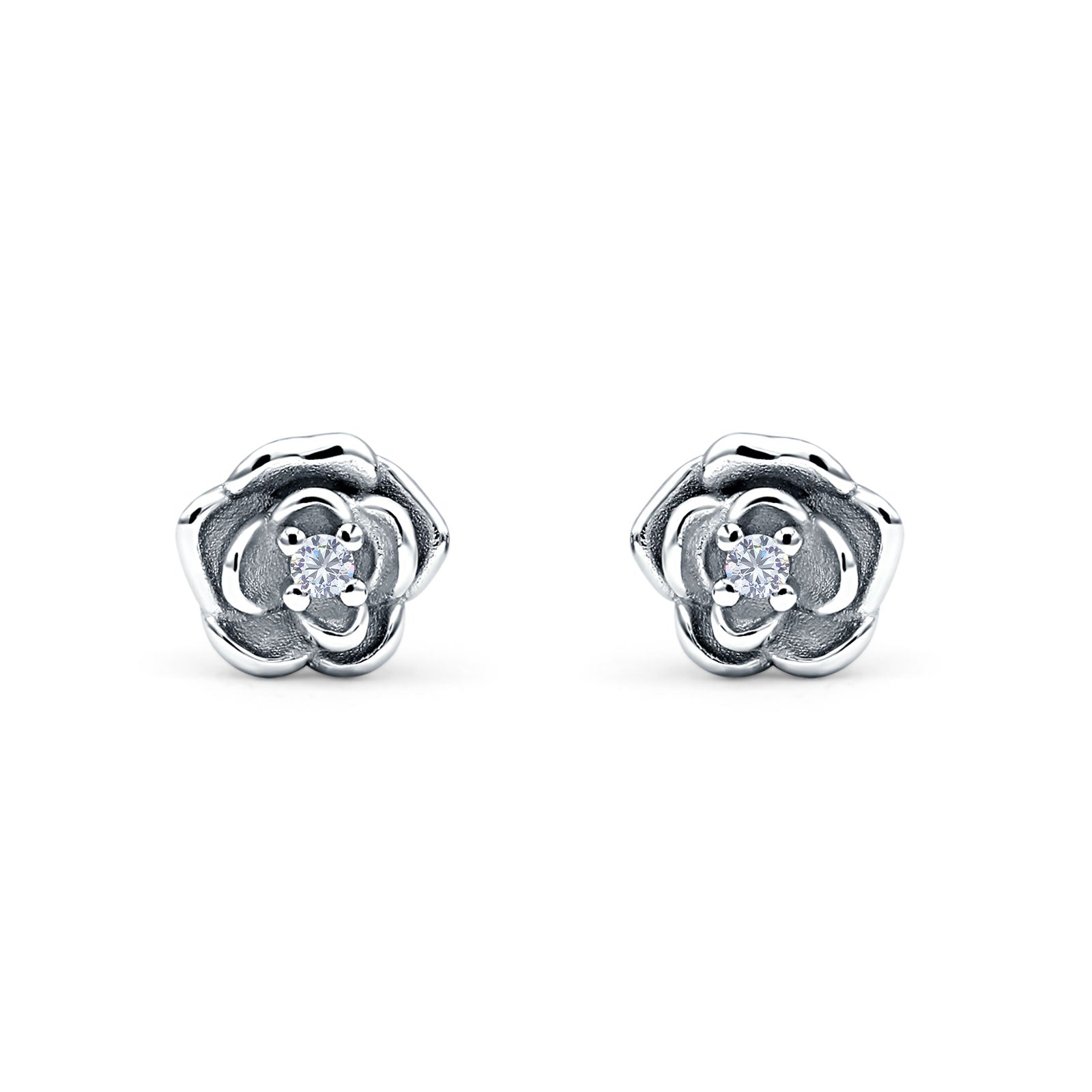 Rose Flower Stud Earrings 8.5mm Cubic Zirconia Solid 925 Sterling Silver