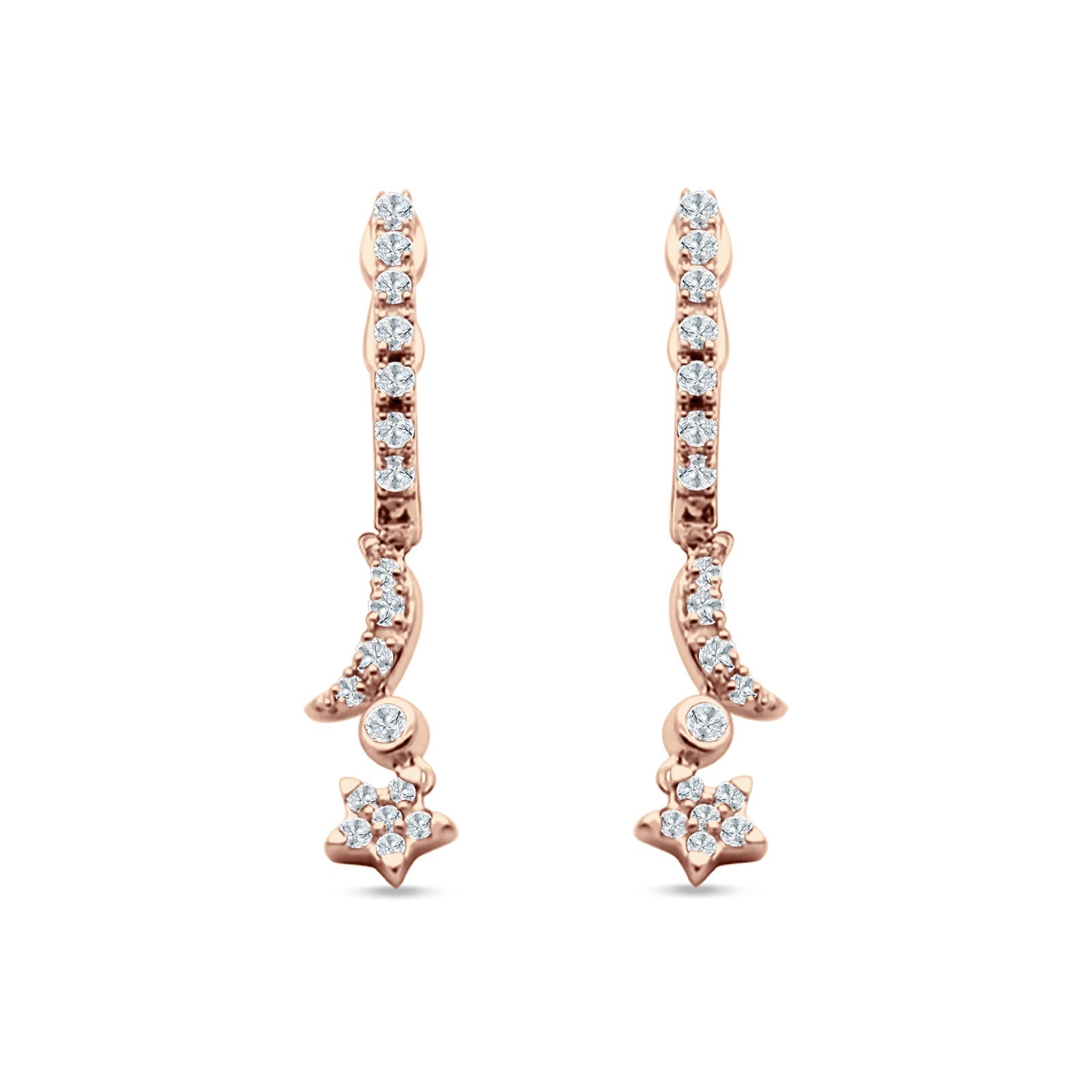 Moon & Star Earring Dangle Hoop Earring Cubic Zirconia 925 Sterling Silver