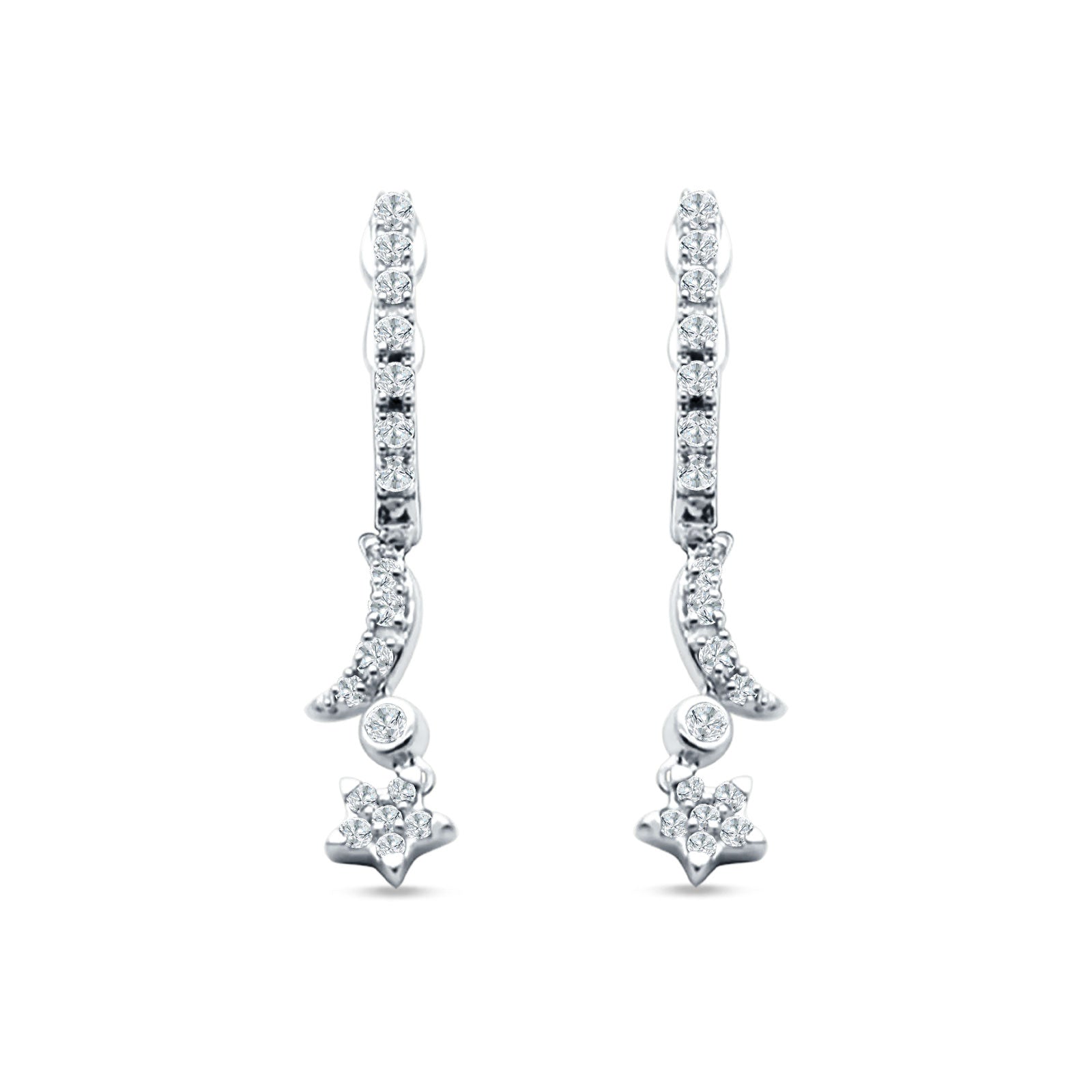 Moon & Star Earring Dangle Hoop Earring Cubic Zirconia 925 Sterling Silver