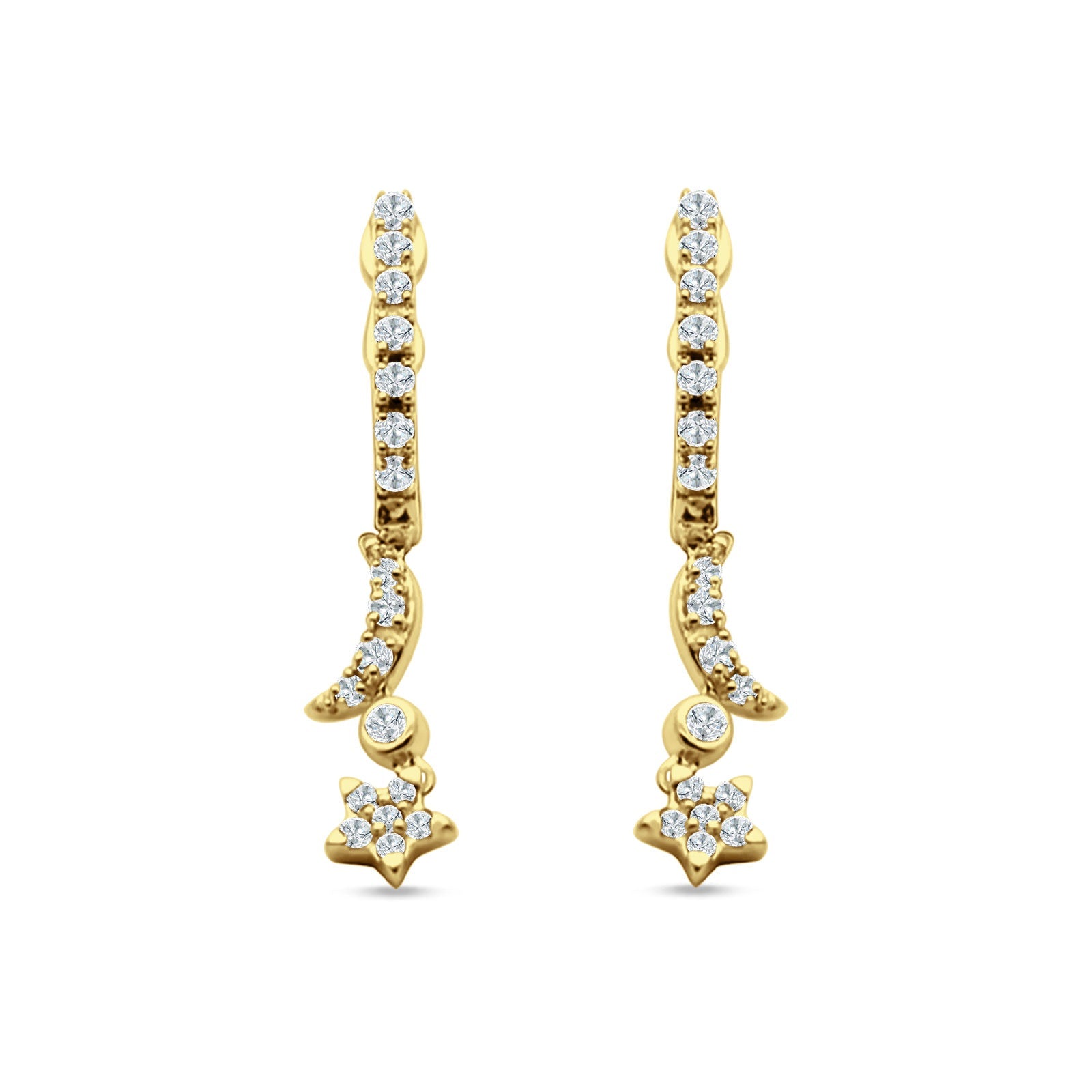 Moon & Star Earring Dangle Hoop Earring Cubic Zirconia 925 Sterling Silver