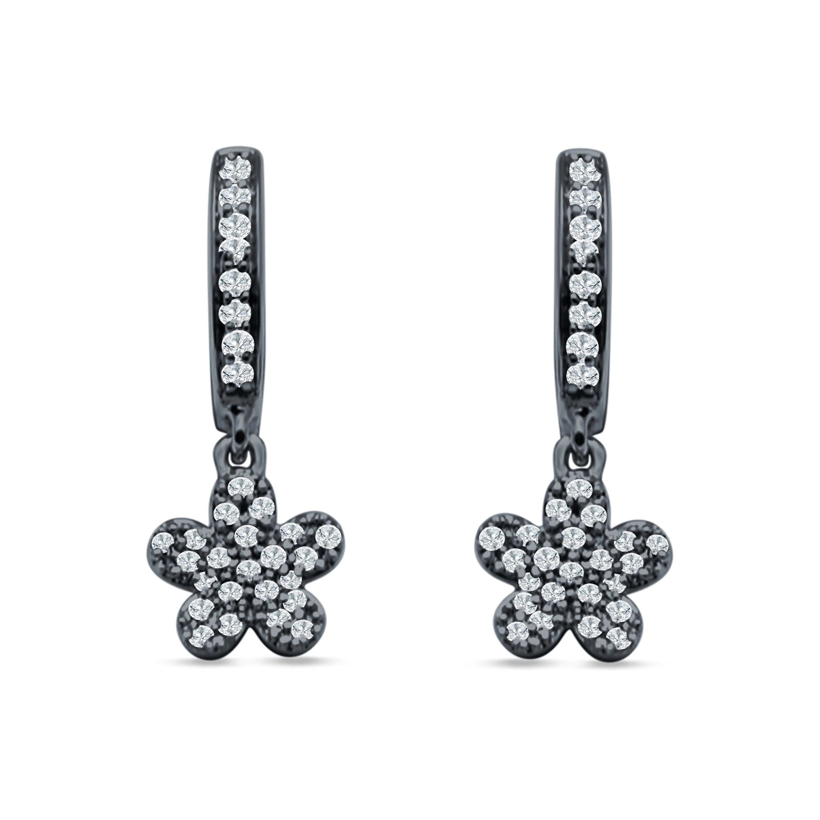 Flower Cluster Charm Huggie Hoop Earring Cubic Zirconia 925 Sterling Silver