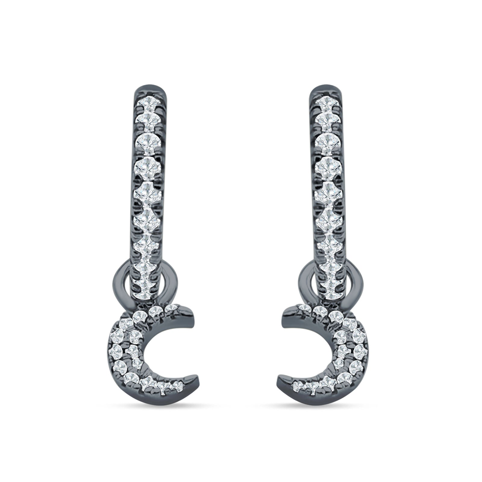 Crescent Moon Charm Huggie Hoop Earring Cubic Zirconia 925 Sterling Silver