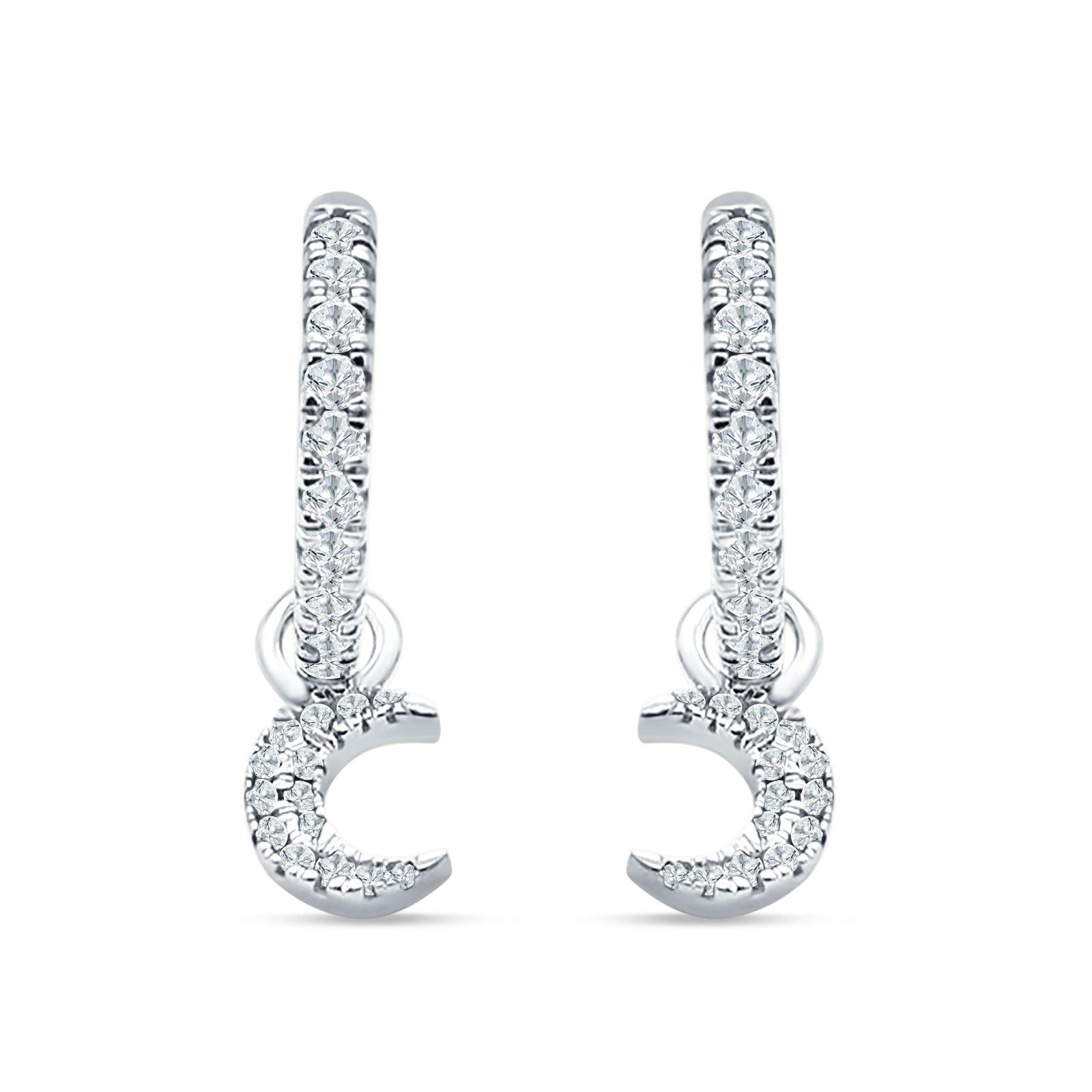 Crescent Moon Charm Huggie Hoop Earring Cubic Zirconia 925 Sterling Silver