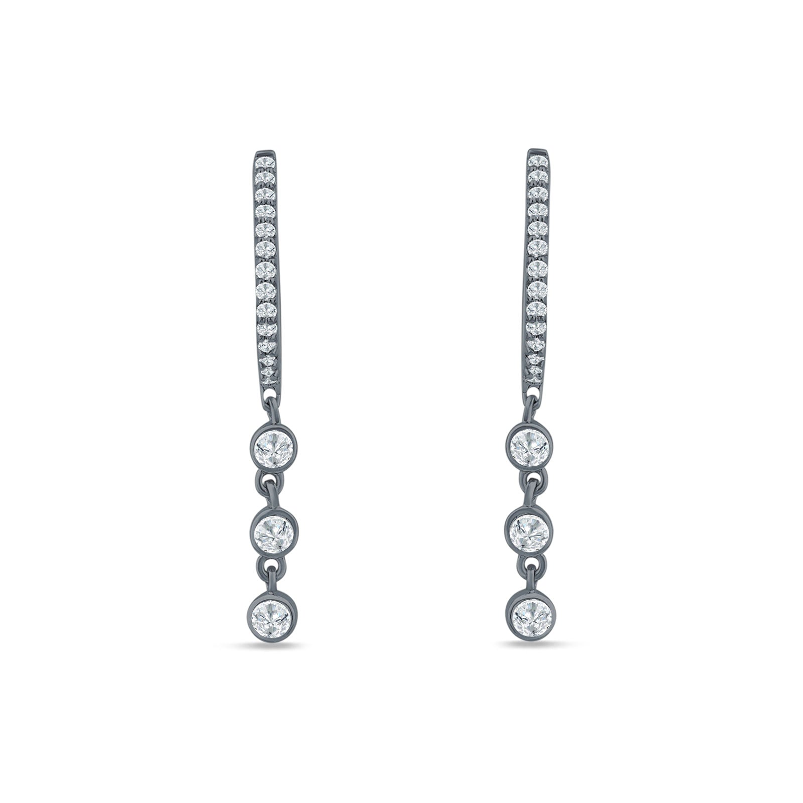 Three Stone Charm Oblong Hoop Earring Cubic Zirconia 925 Sterling Silver