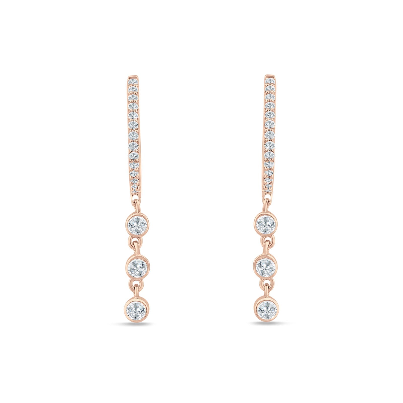 Three Stone Charm Oblong Hoop Earring Cubic Zirconia 925 Sterling Silver