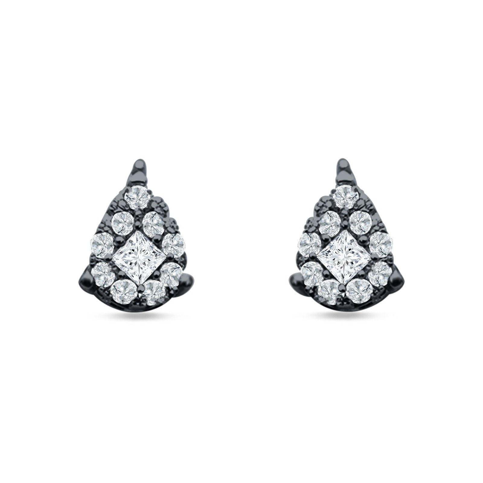 Pear Teardrop Stud Earring Round & Princess Cubic Zirconia 925 Sterling Silver