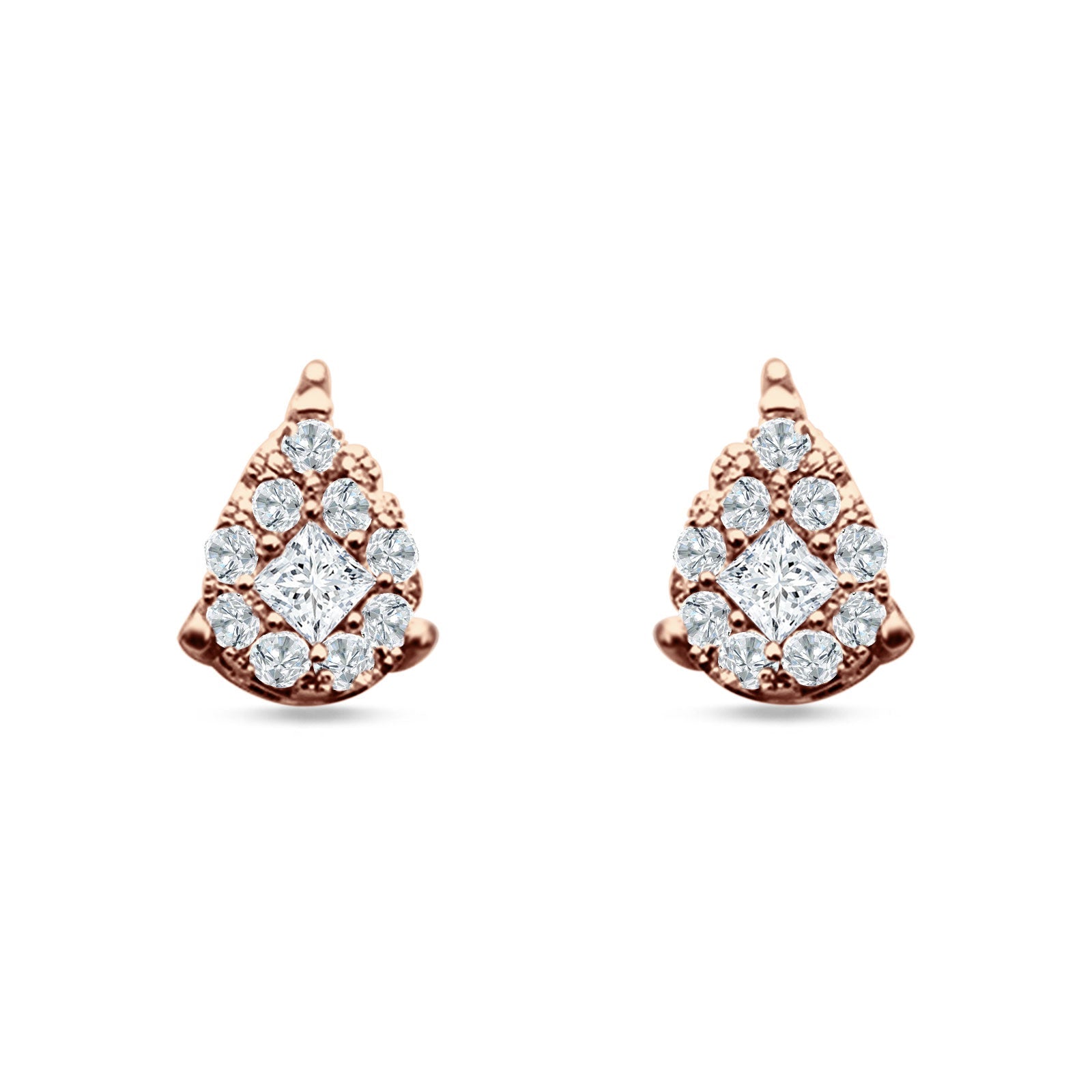 Pear Teardrop Stud Earring Round & Princess Cubic Zirconia 925 Sterling Silver