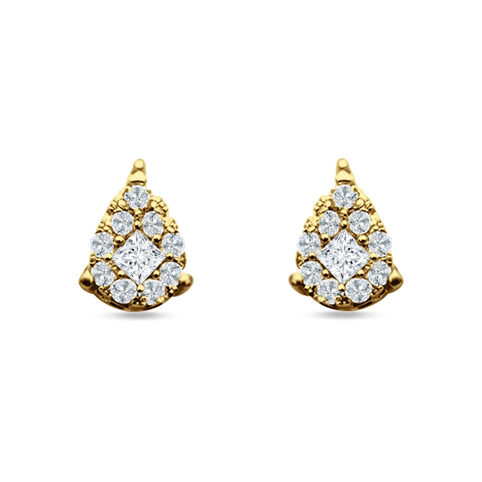 Pear Teardrop Stud Earring Round & Princess Cubic Zirconia 925 Sterling Silver