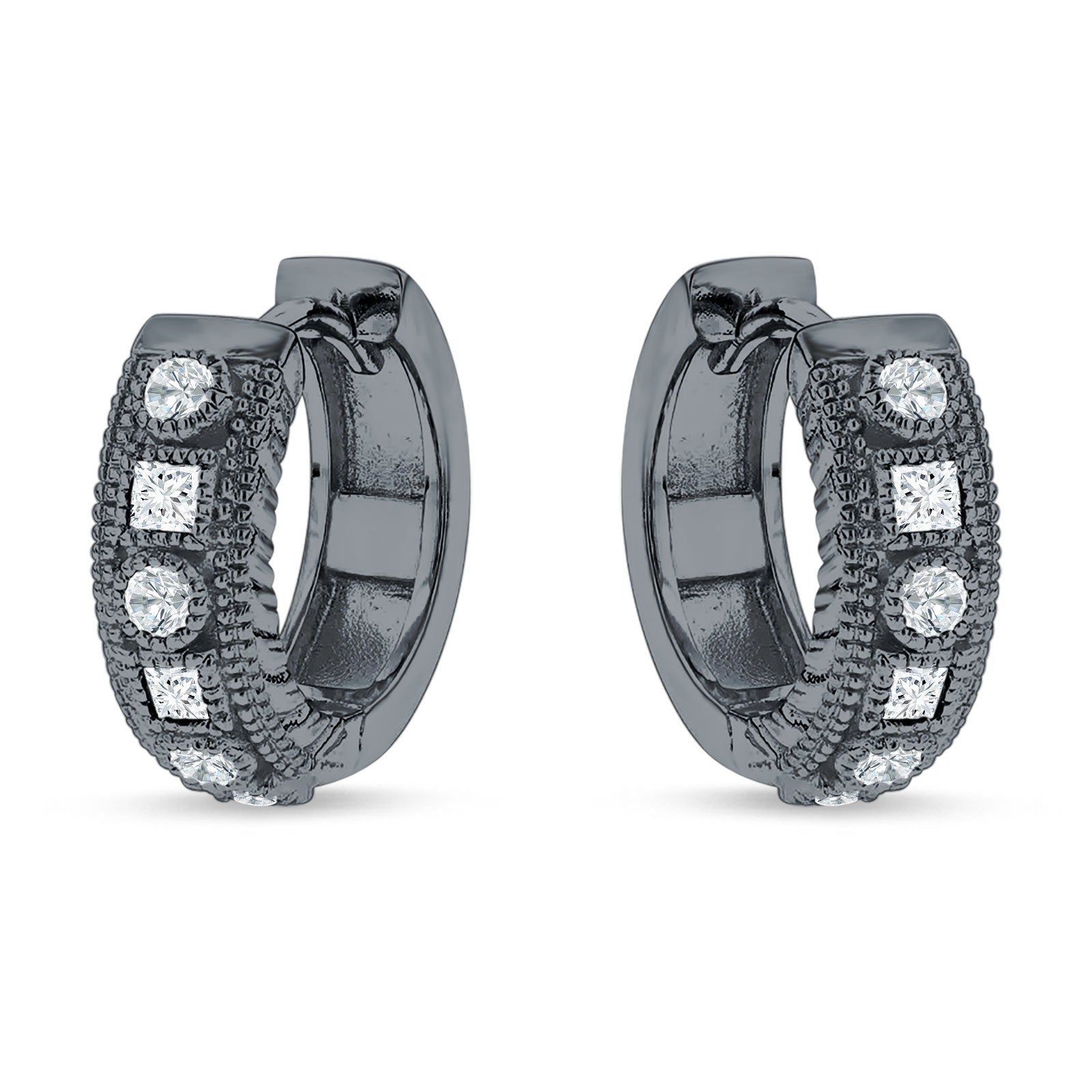 Round & Princess Cut Cubic Zirconia Huggie Hoop Earring 925 Sterling Silver