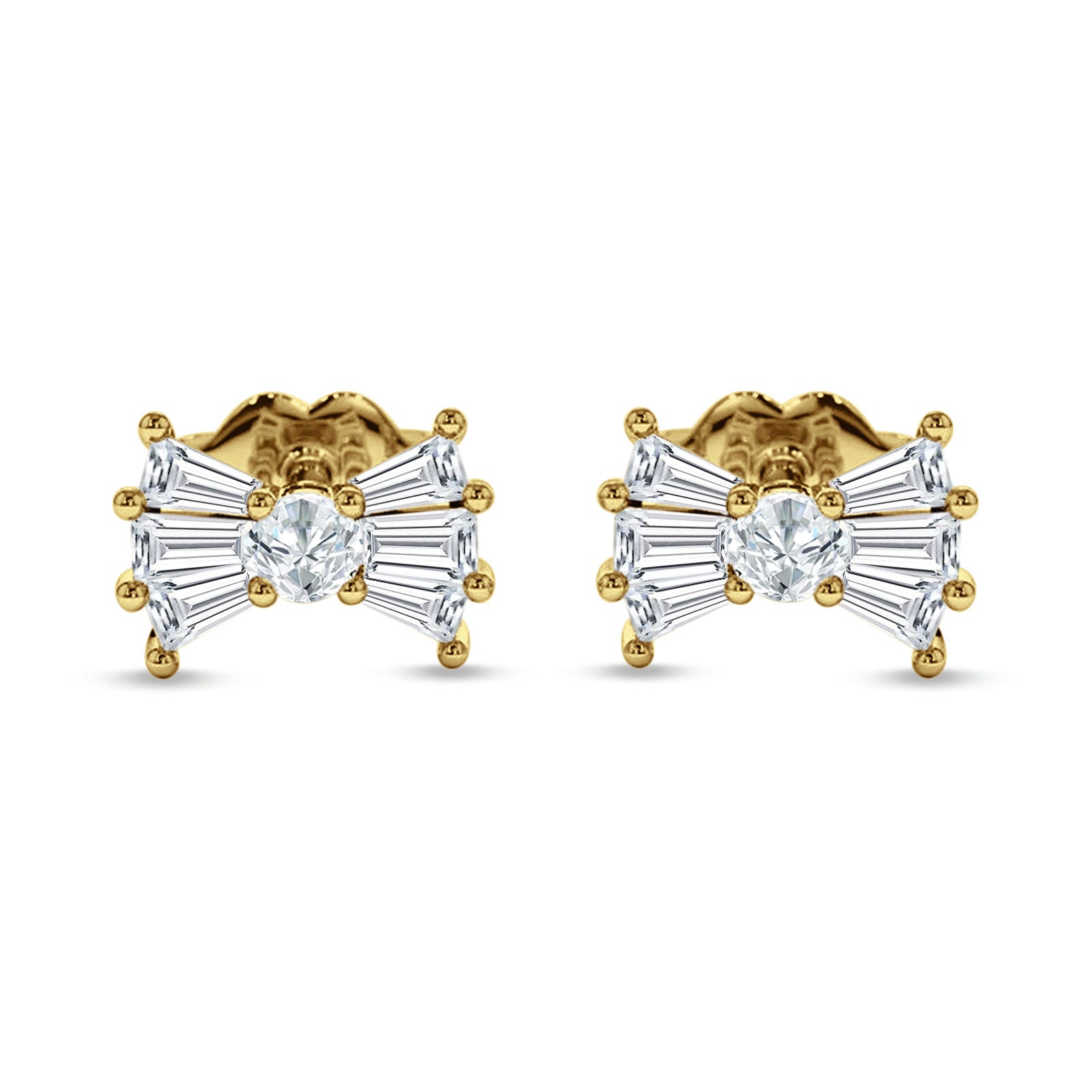 Baguette & Round Bow Stud Earring Cubic Zirconia 925 Sterling Silver