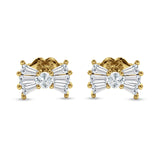 Baguette & Round Bow Stud Earring Cubic Zirconia 925 Sterling Silver