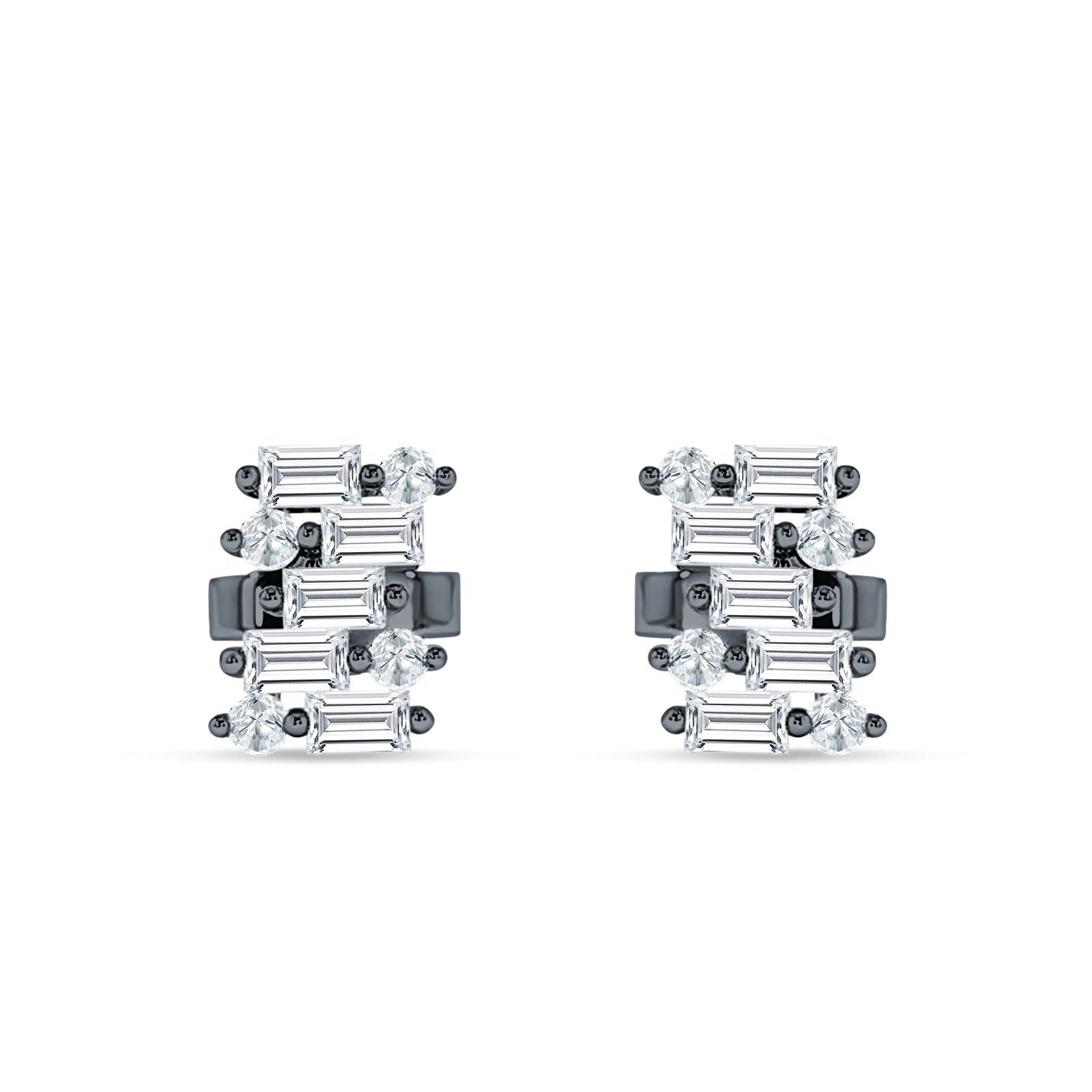 Baguette & Round Cluster Stud Earring Cubic Zirconia 925 Sterling Silver