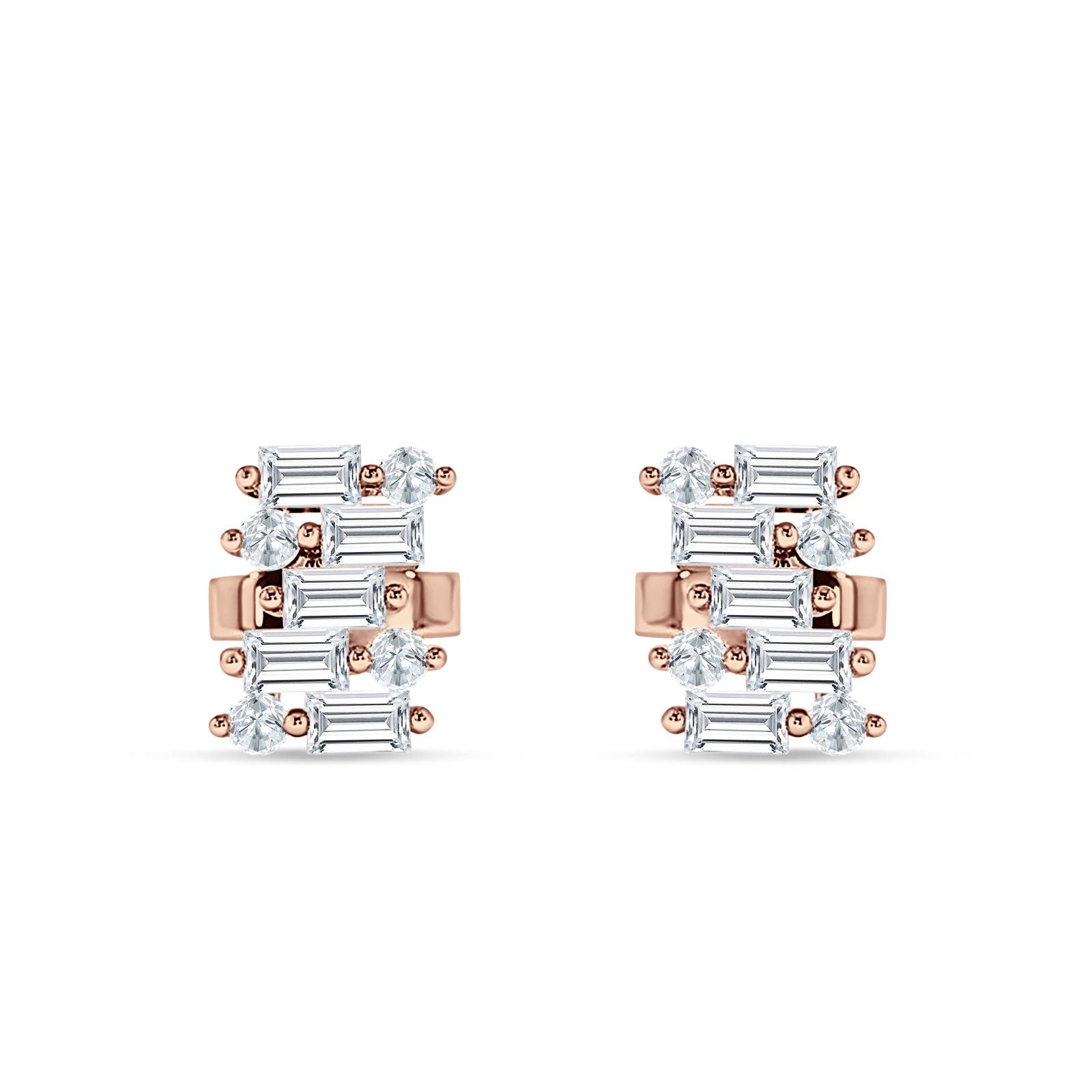 Baguette & Round Cluster Stud Earring Cubic Zirconia 925 Sterling Silver