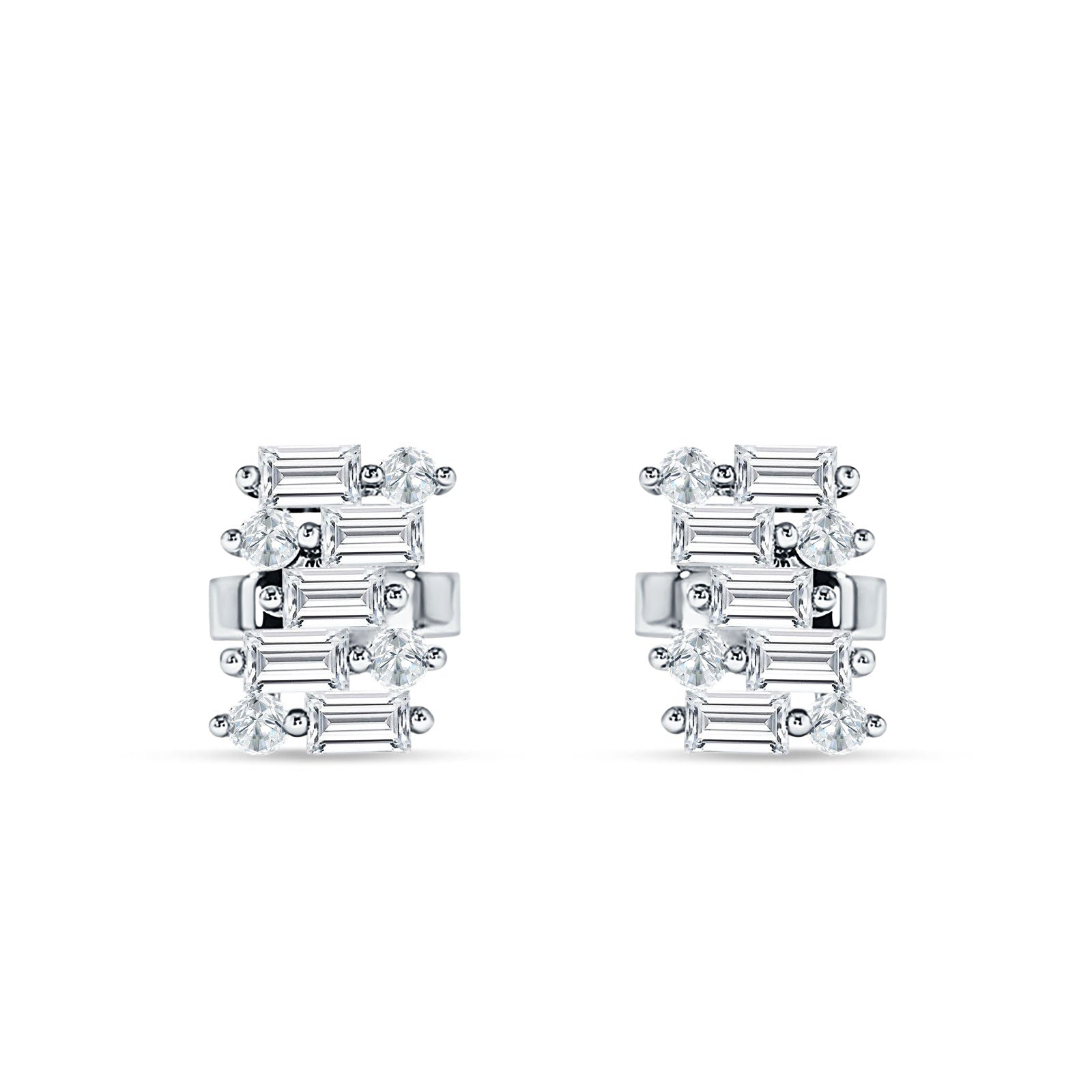 Baguette & Round Cluster Stud Earring Cubic Zirconia 925 Sterling Silver
