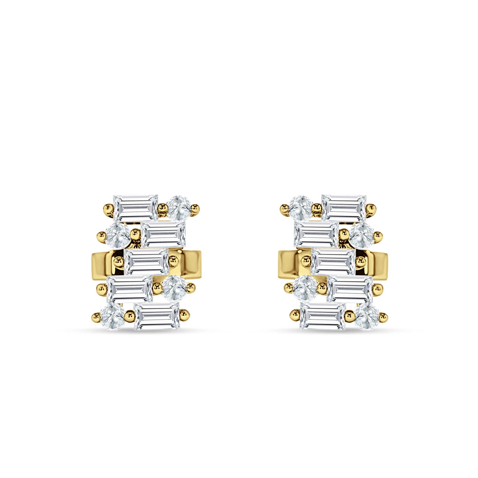 Baguette & Round Cluster Stud Earring Cubic Zirconia 925 Sterling Silver