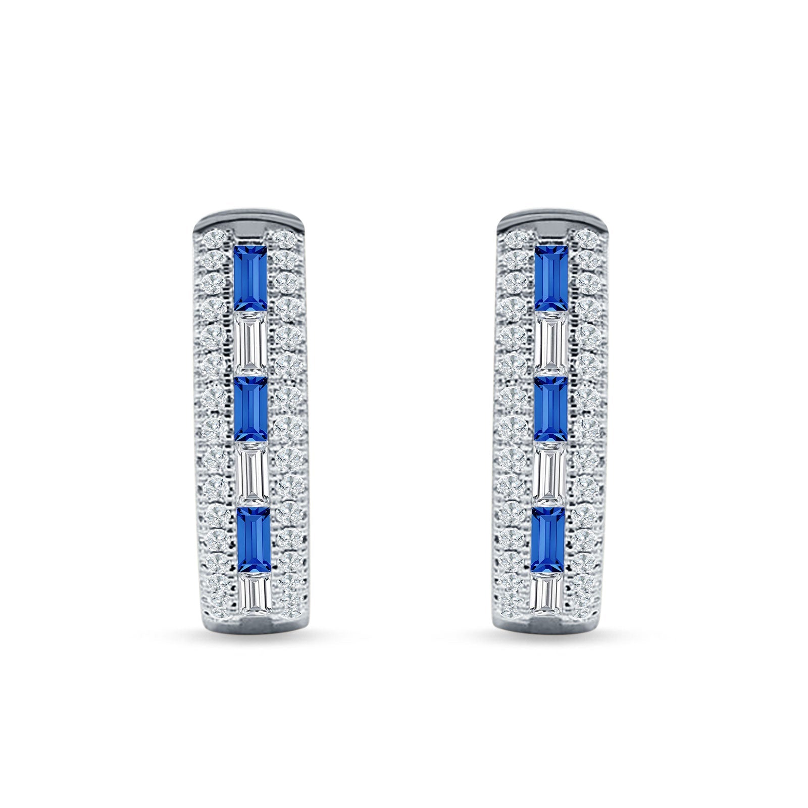 Round & Baguette Cubic Zirconia Huggie Hoop Earring 925 Sterling Silver