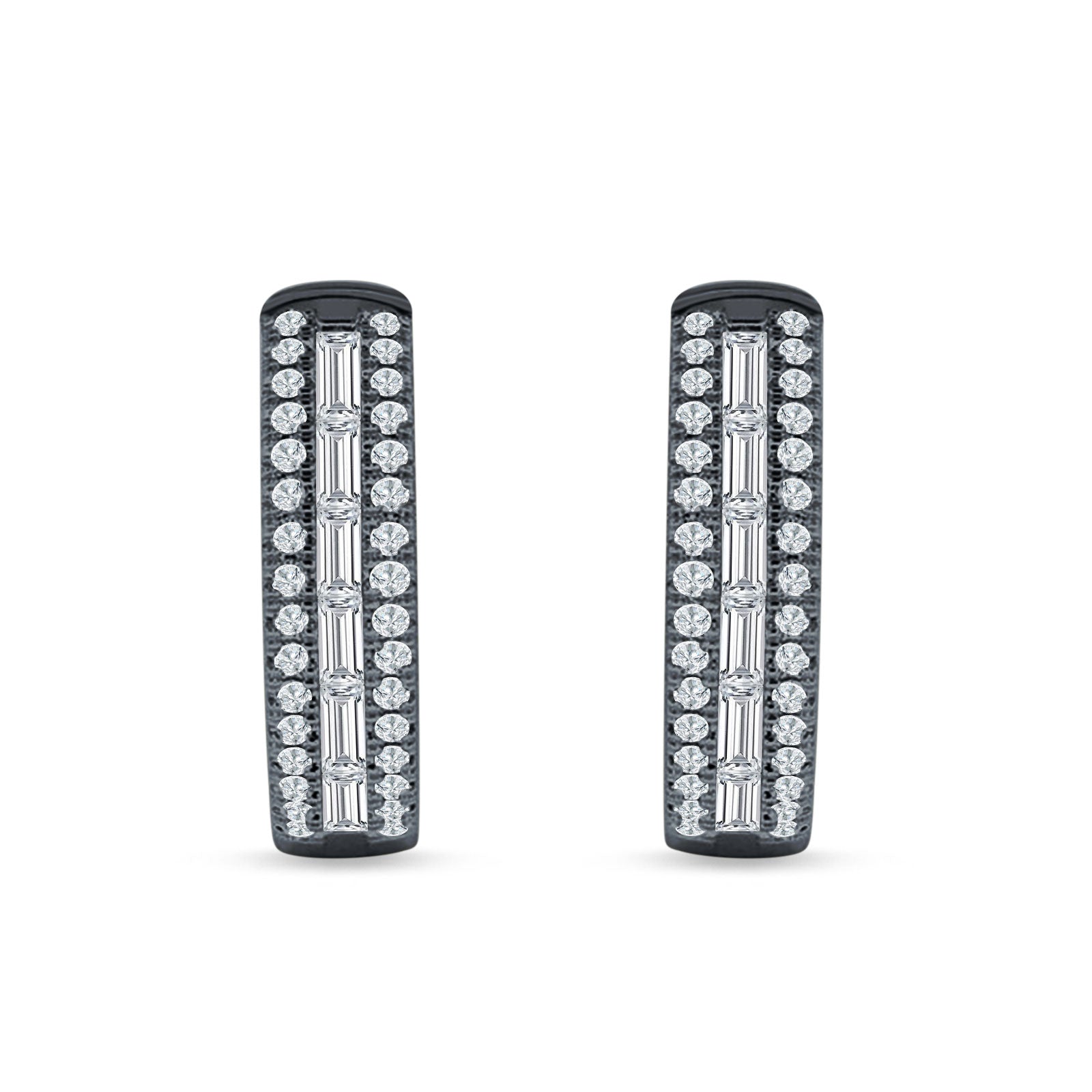 Round & Baguette Cubic Zirconia Huggie Hoop Earring 925 Sterling Silver