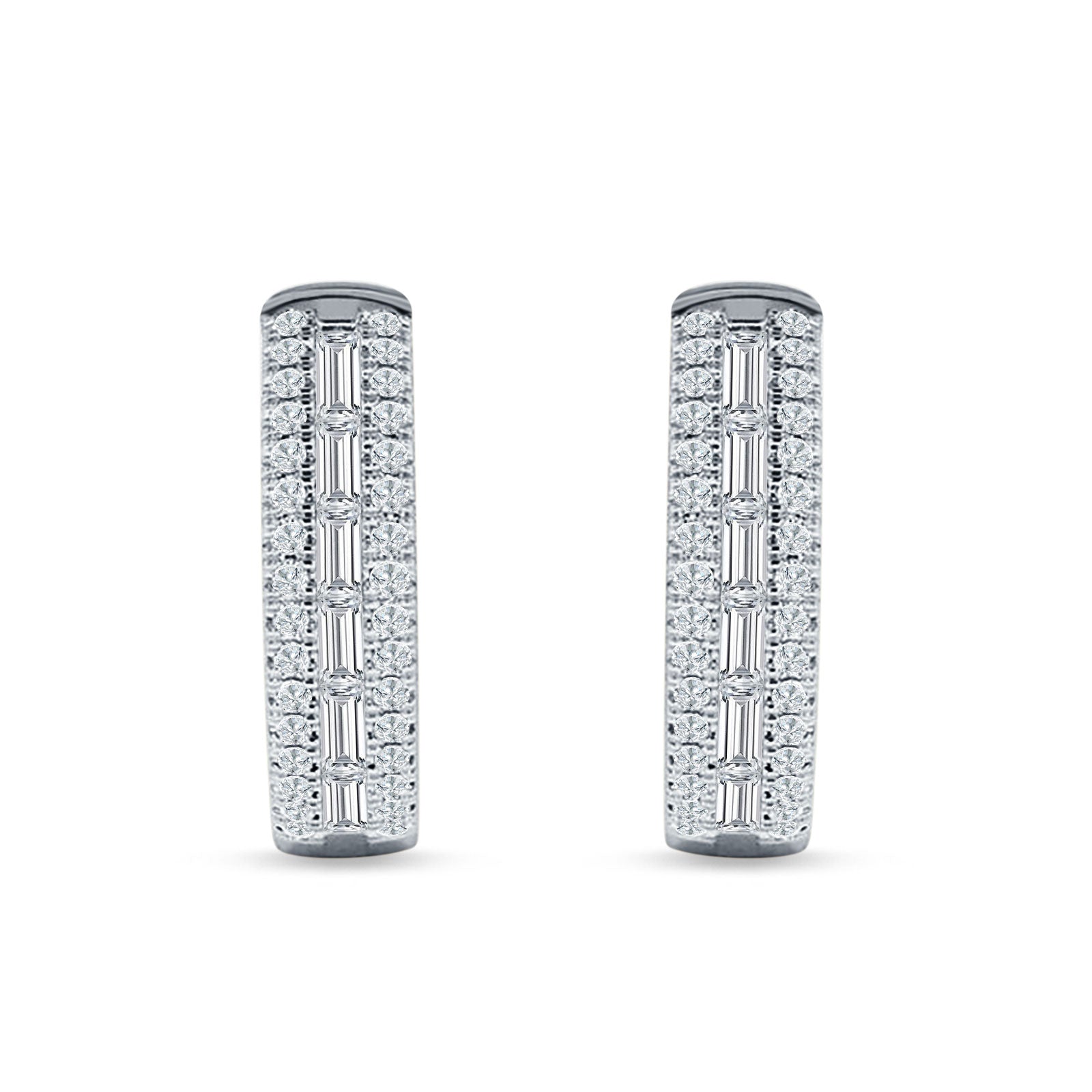 Round & Baguette Cubic Zirconia Huggie Hoop Earring 925 Sterling Silver
