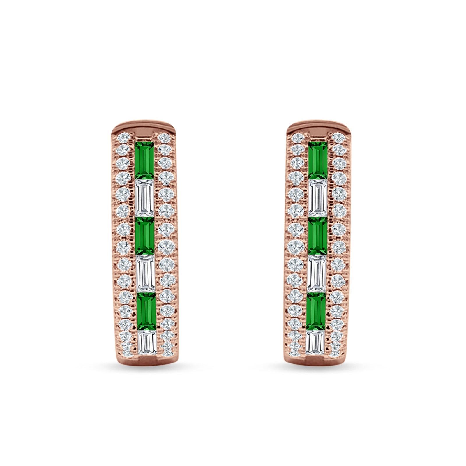 Round & Baguette Cubic Zirconia Huggie Hoop Earring 925 Sterling Silver