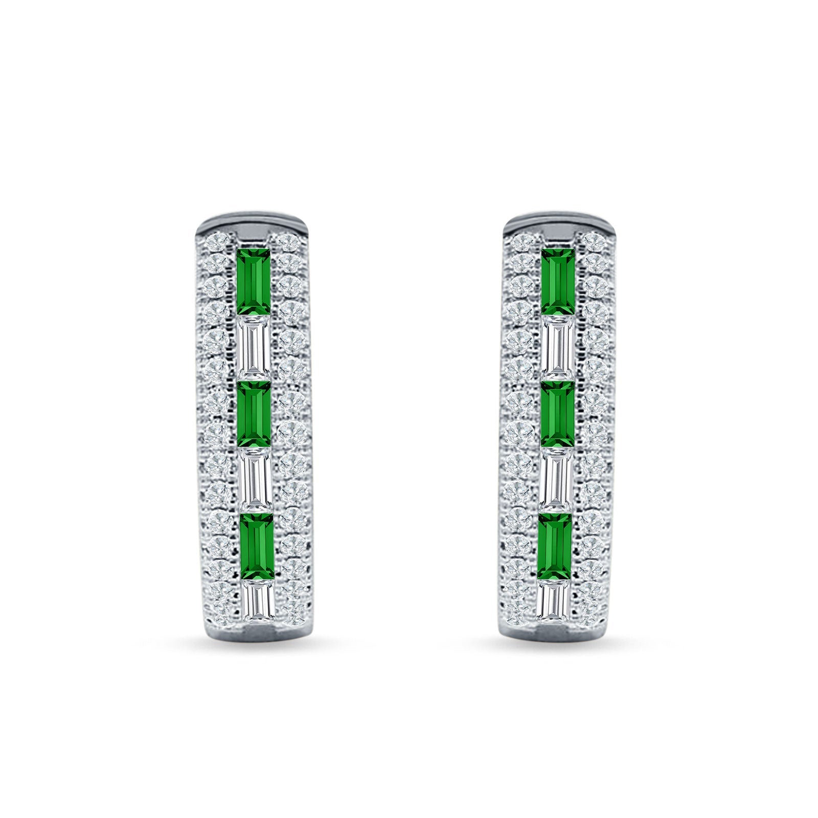 Round & Baguette Cubic Zirconia Huggie Hoop Earring 925 Sterling Silver
