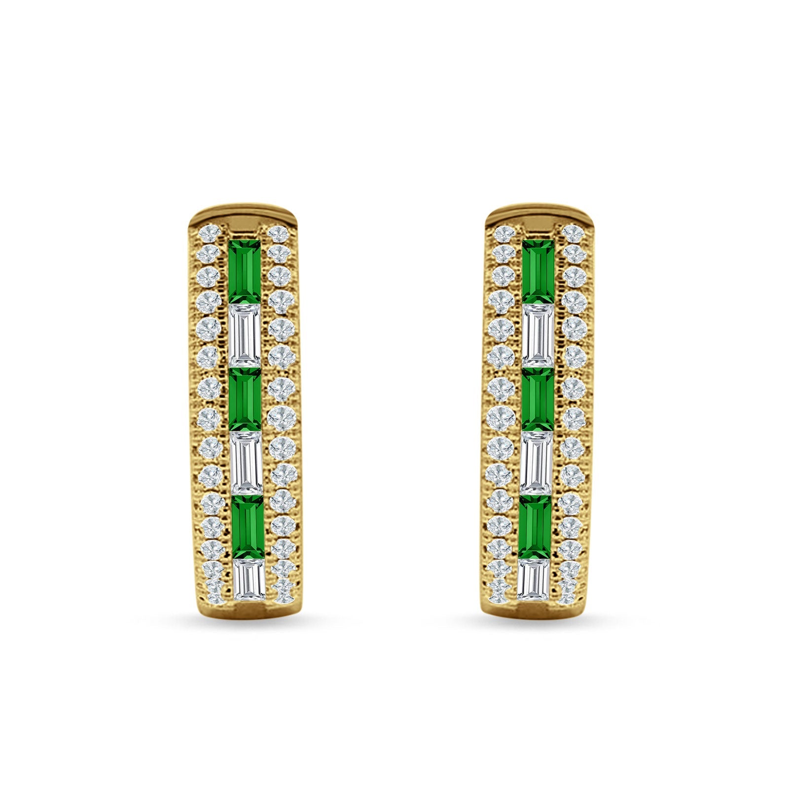 Round & Baguette Cubic Zirconia Huggie Hoop Earring 925 Sterling Silver
