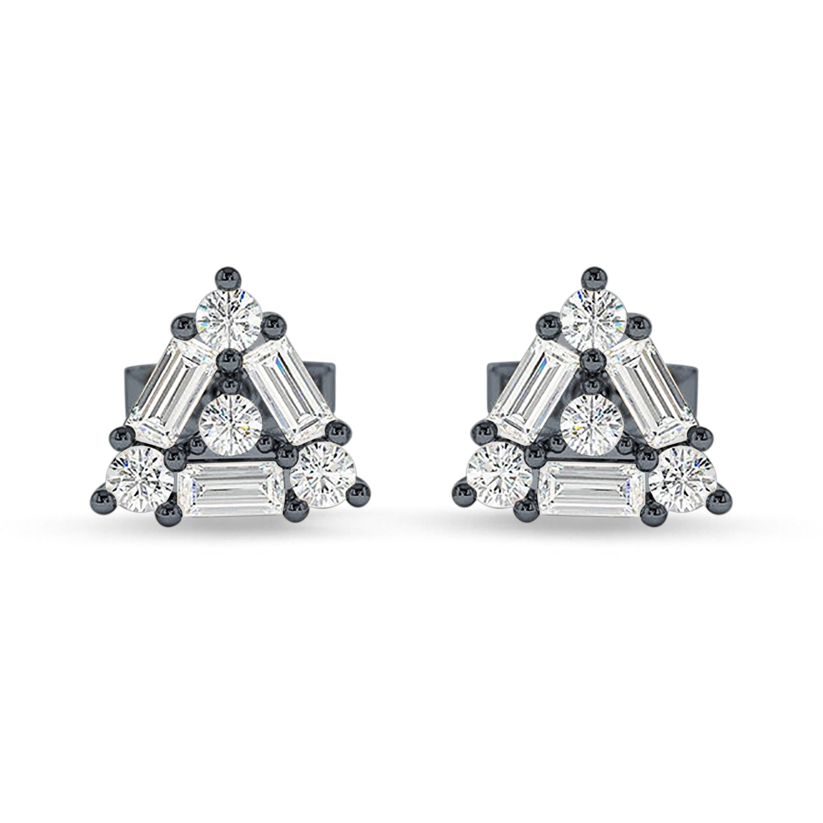 Triangular Shaped Baguette & Round Cubic Zirconia Stud Earring 925 Sterling Silver