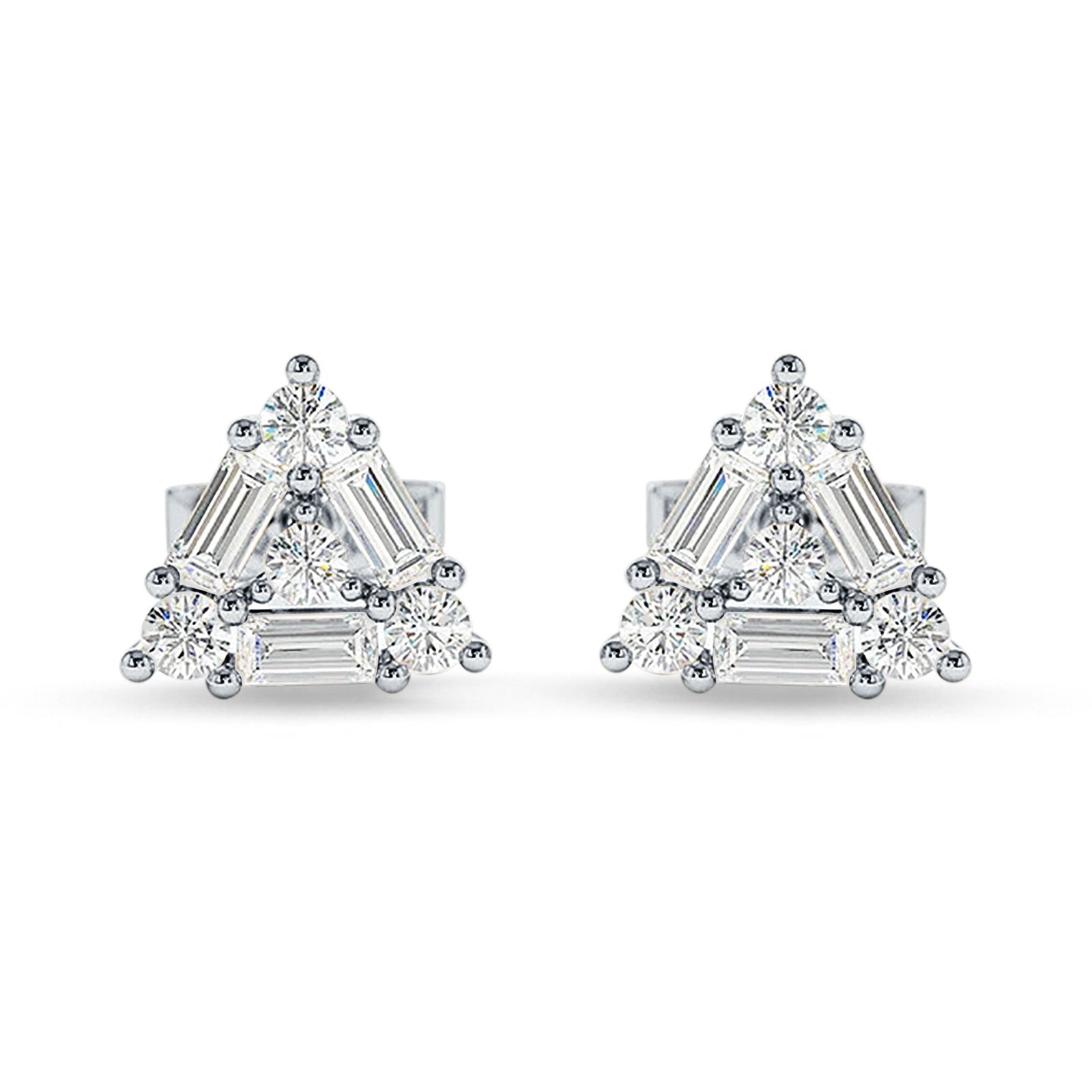 Triangular Shaped Baguette & Round Cubic Zirconia Stud Earring 925 Sterling Silver