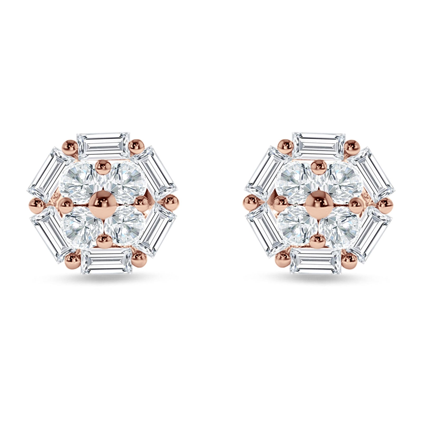 Hexagonal Stud Earring Baguette & Round Cubic Zirconia 925 Sterling Silver