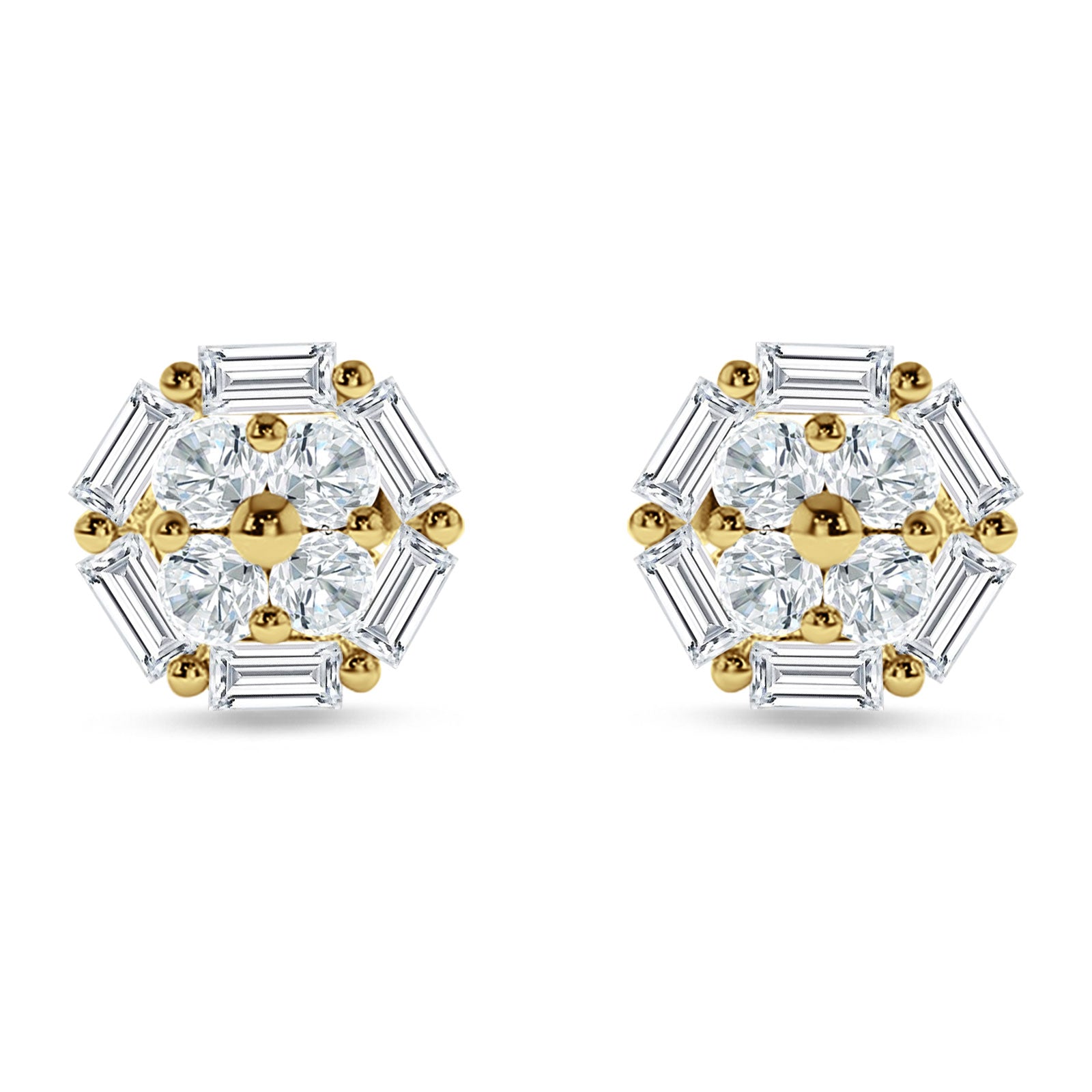 Hexagonal Stud Earring Baguette & Round Cubic Zirconia 925 Sterling Silver
